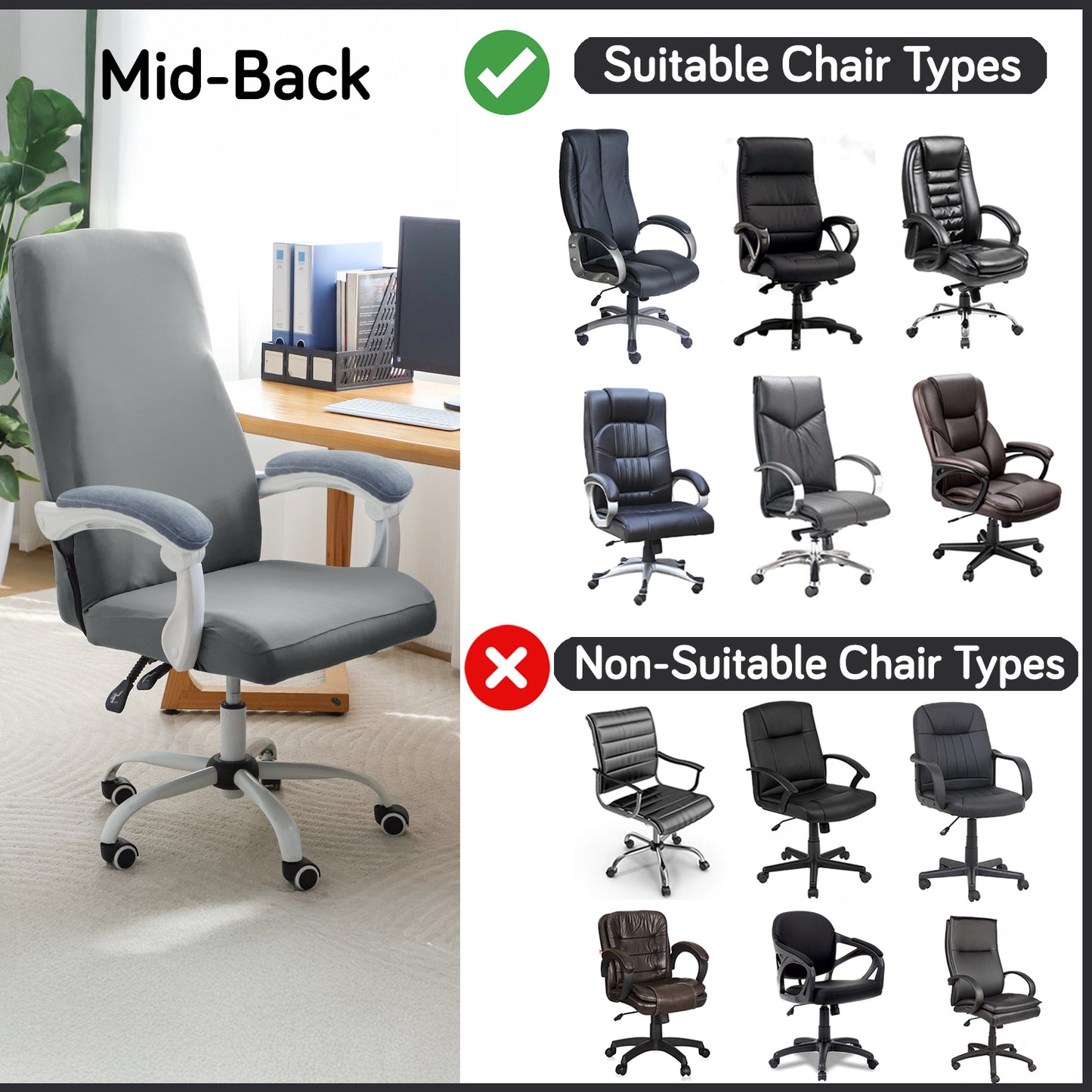 Office Chair Cover for Desk Chair (Mid-Back) – 140 GSM Stretch Fabric – Washable, Durable & Anti-Slip – Fits Mid-Back Office Chairs, Smoke Grey
