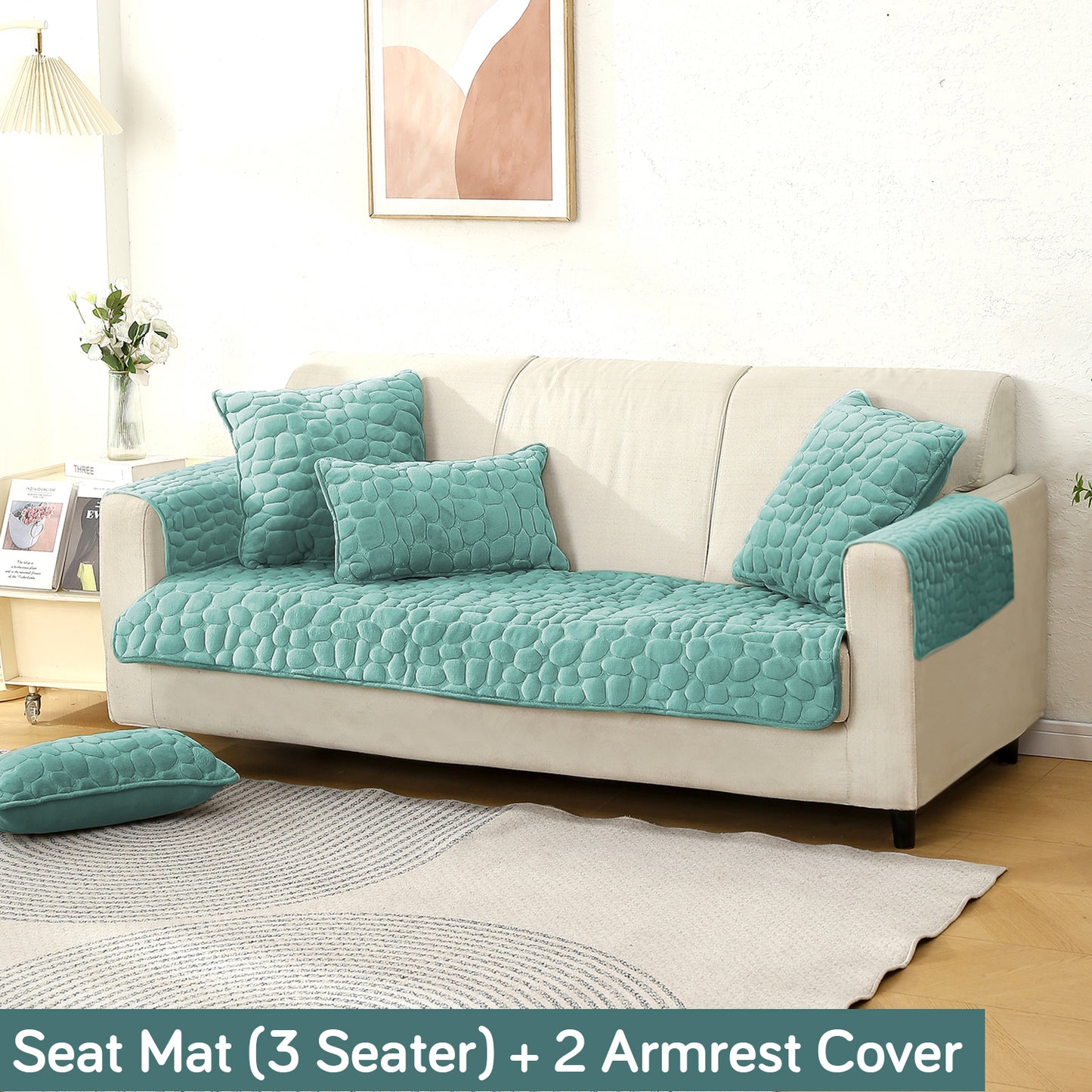 Premium Pebble Milk Velvet Anti Slip Sofa Cover Mat with 2 Armrest Cover, Fog Blue