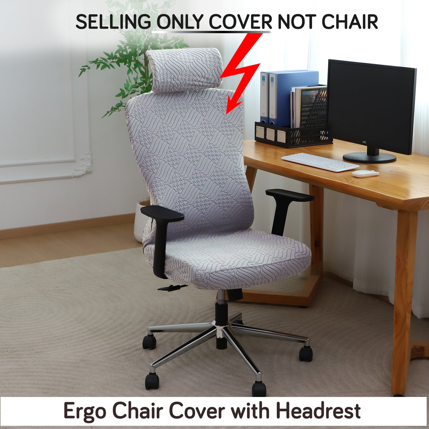 Office Chair Cover with Headrest (High-Back) – 170 GSM Stretch Jacquard – Washable, Anti-Slip Fit for Ergonomic Mesh Office Chairs, Light Grey