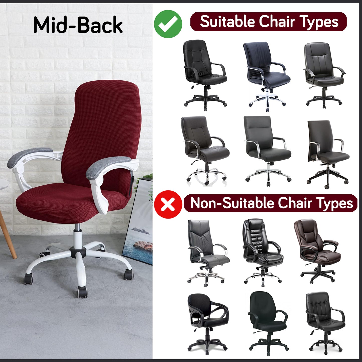 Water Repellent Office Chair Cover for Desk Chair (Mid-Back) – 210 GSM Stretch Jacquard – Washable, Durable & Anti-Slip – Fits Mid-Back Office Chairs, Burgundy