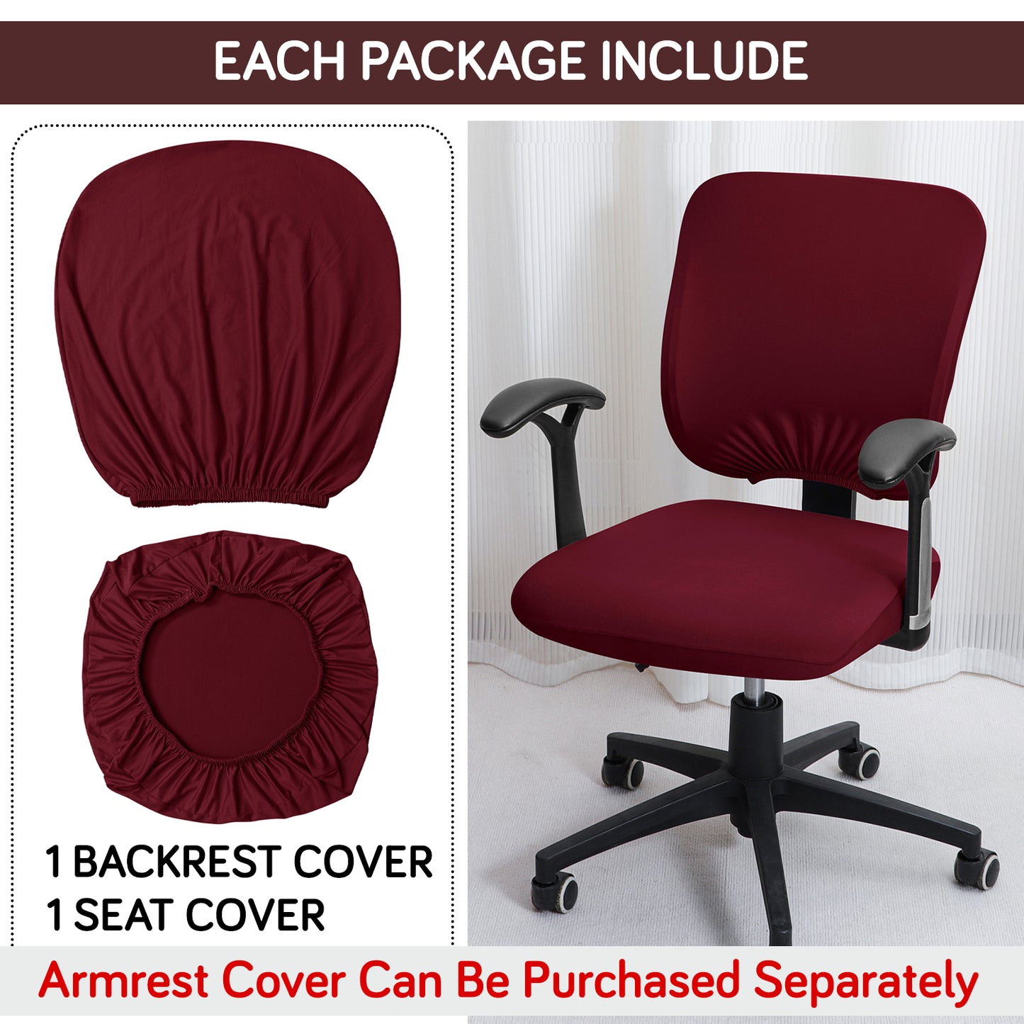 Office Chair Cover for Task Chair – 140 GSM Stretchable Fabric – Washable & Anti-Slip – Fits Small Office Chairs Without Headrest, Burgundy