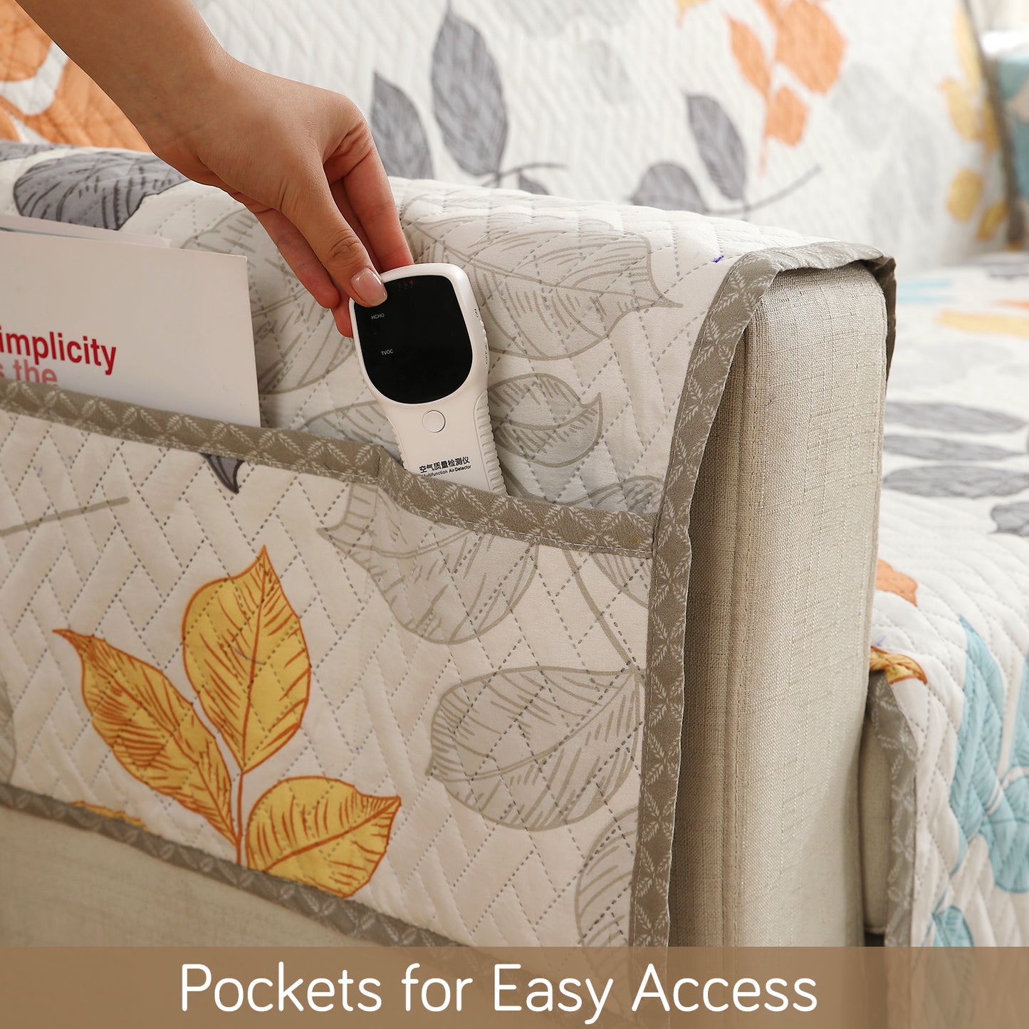 Multicolor Leaves Printed quilted sofa cover set with handy side pocket
