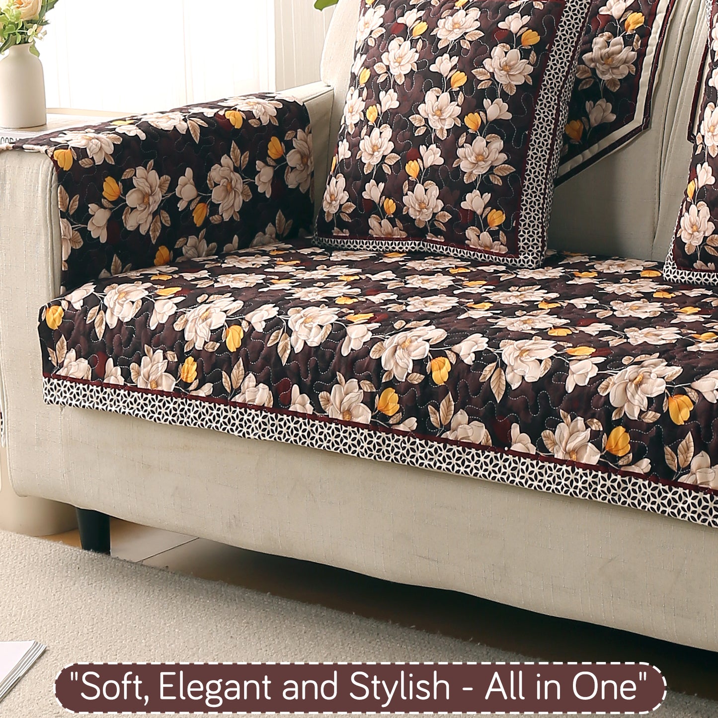 Florentina Series Printed Holland Velvet Sofa Mat - Camellia Brown