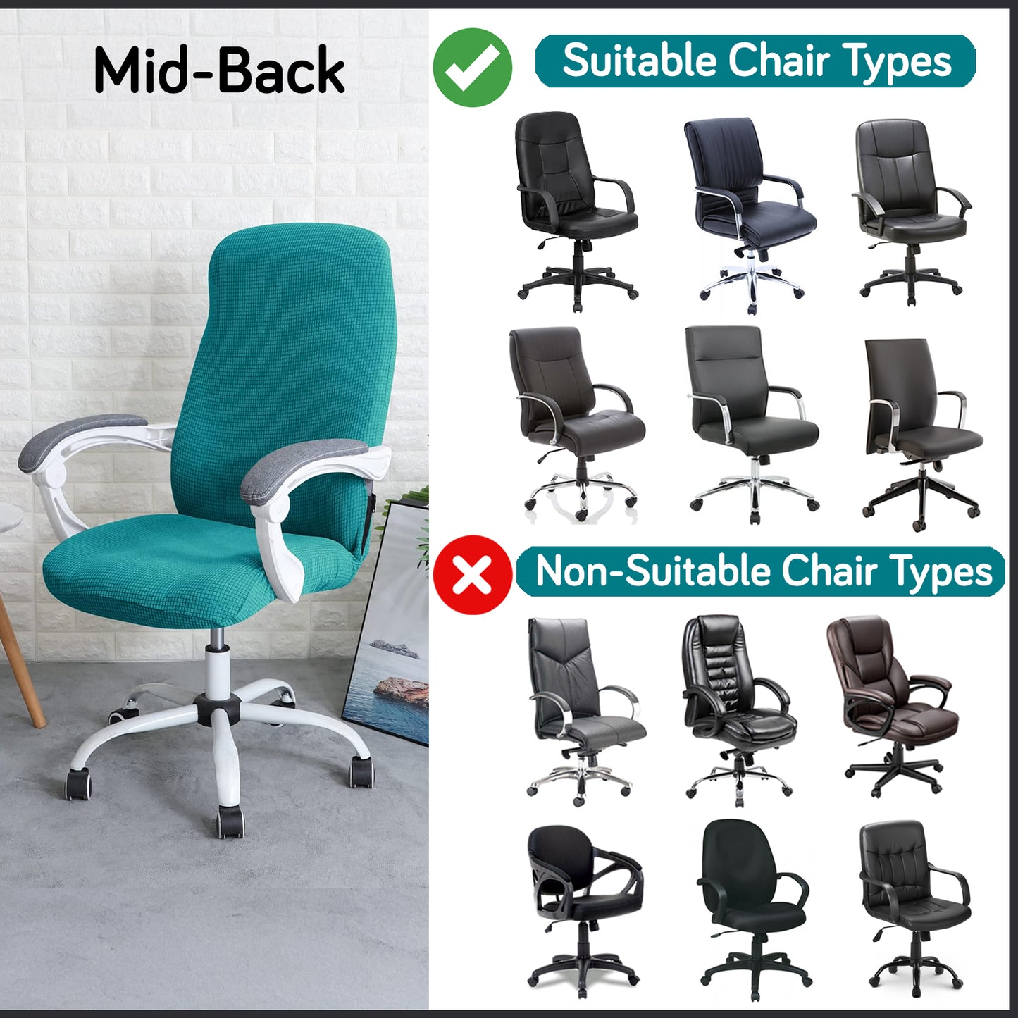 Water Repellent Office Chair Cover for Desk Chair (Mid-Back) – 210 GSM Stretch Jacquard – Washable, Durable & Anti-Slip – Fits Mid-Back Office Chairs, Teal