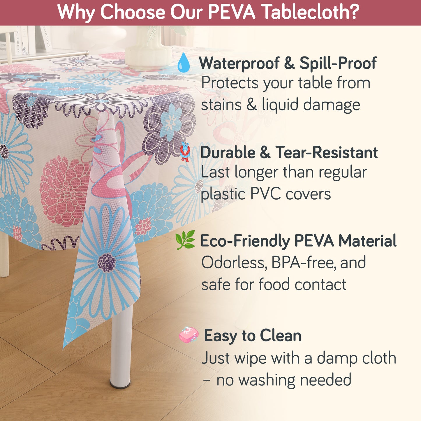 PEVA Waterproof Table Cover Cloth for 2/4/6 Seaters Dining Table | Dustproof Table Cloth for Study & Coffee Table, Tufts Blue Sunflower