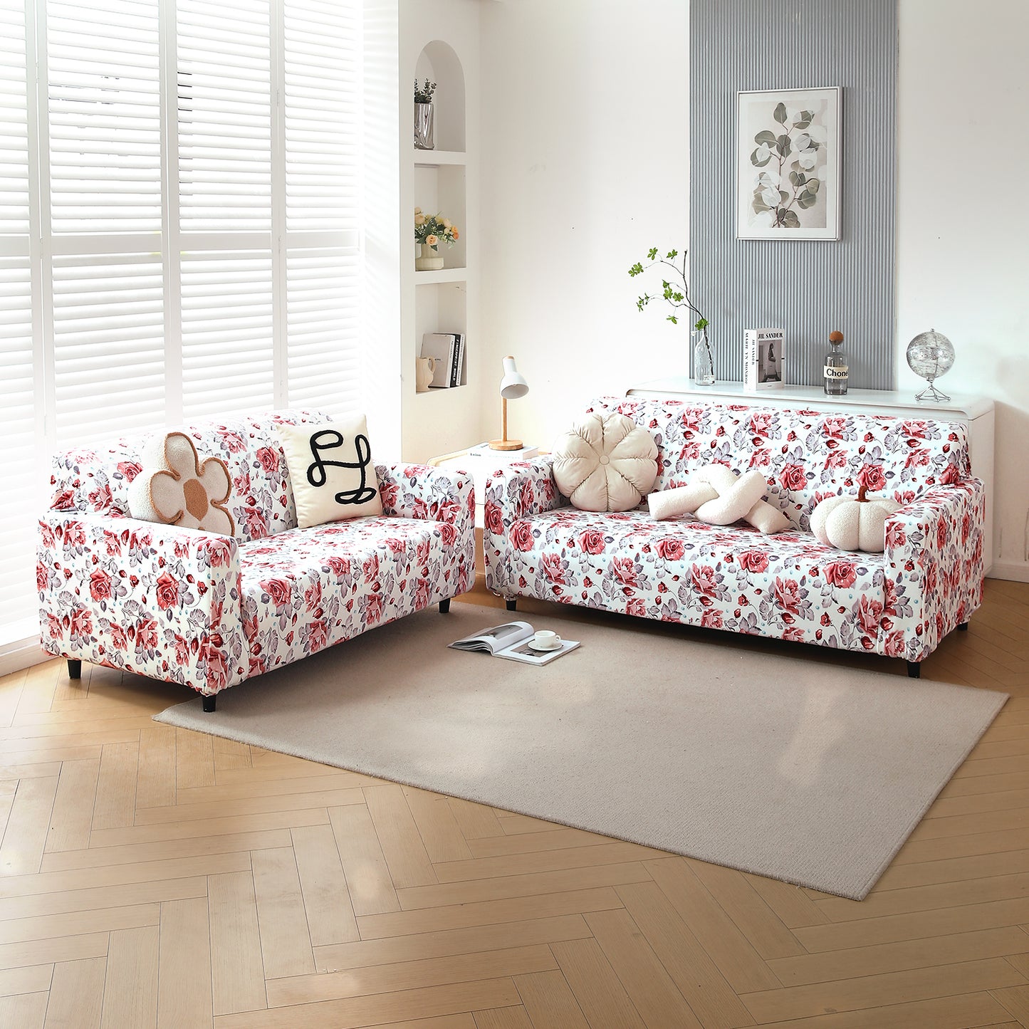 Premium Printed Velvet Sofa Cover 1/2/3 Seaters Fully Covered, Red Cottage Rose