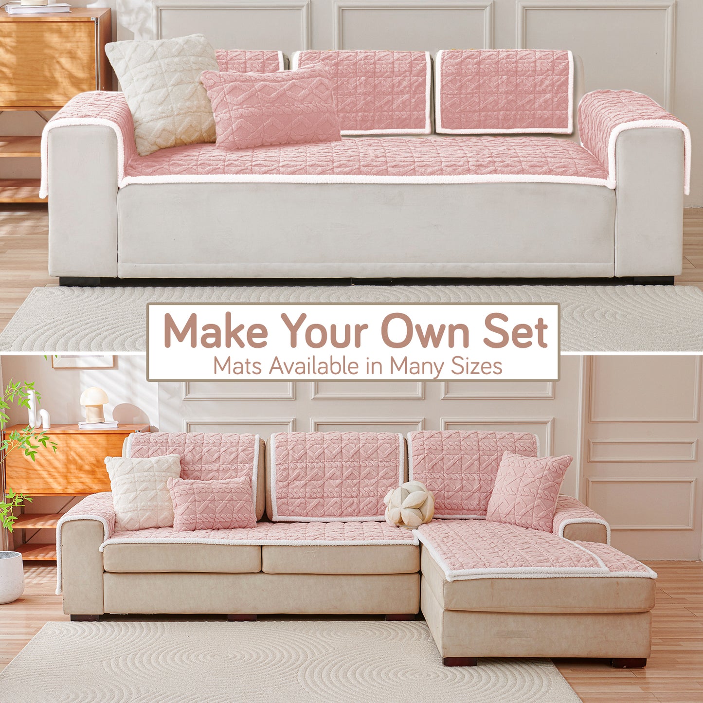 'Italian Caelora' Luxury Jacquard Plush Sofa Cover Mat and Anti-Slip Armrest Covers - Misty Rose