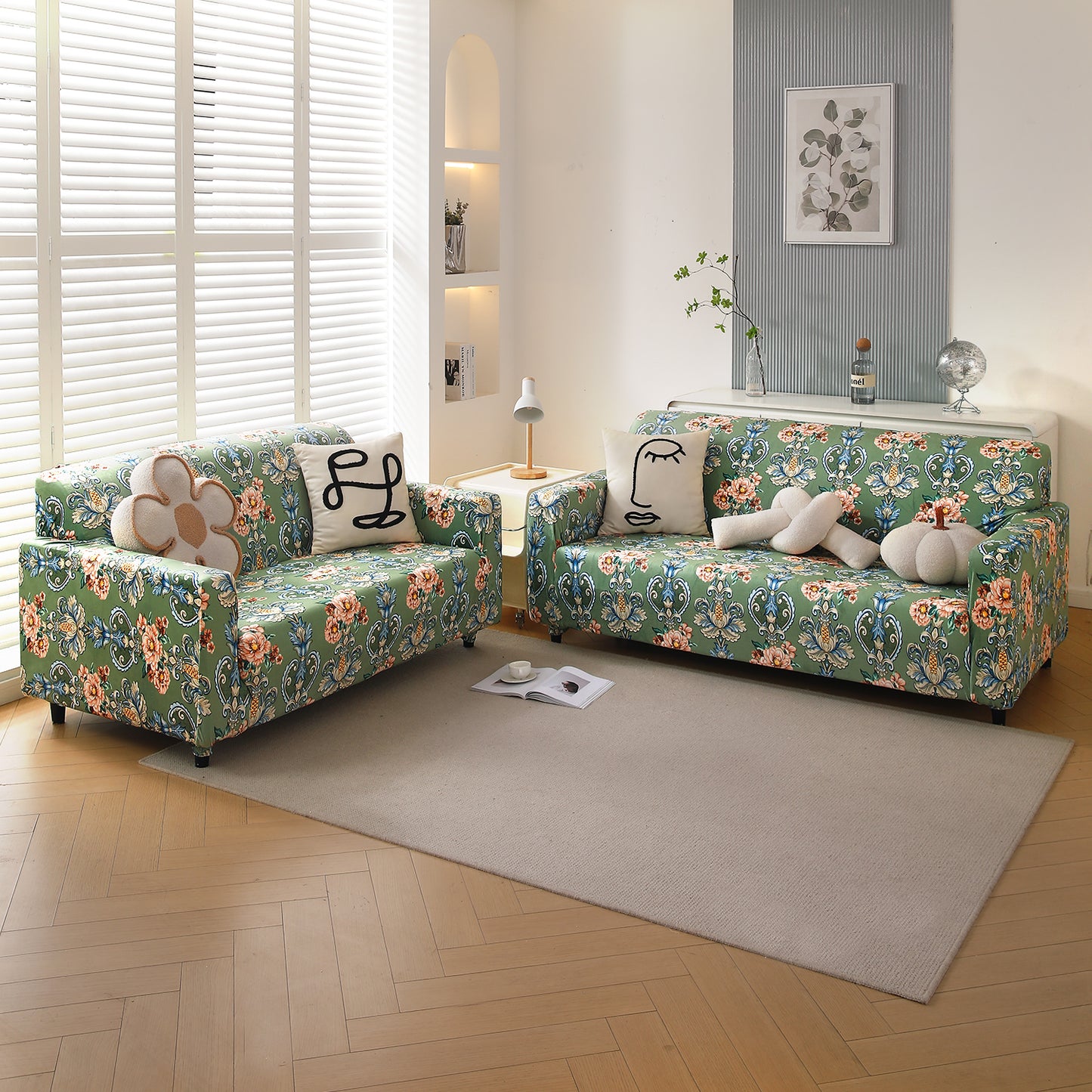 Premium Printed Velvet Sofa Cover 1/2/3 Seaters Fully Covered, Green Victorian Garden