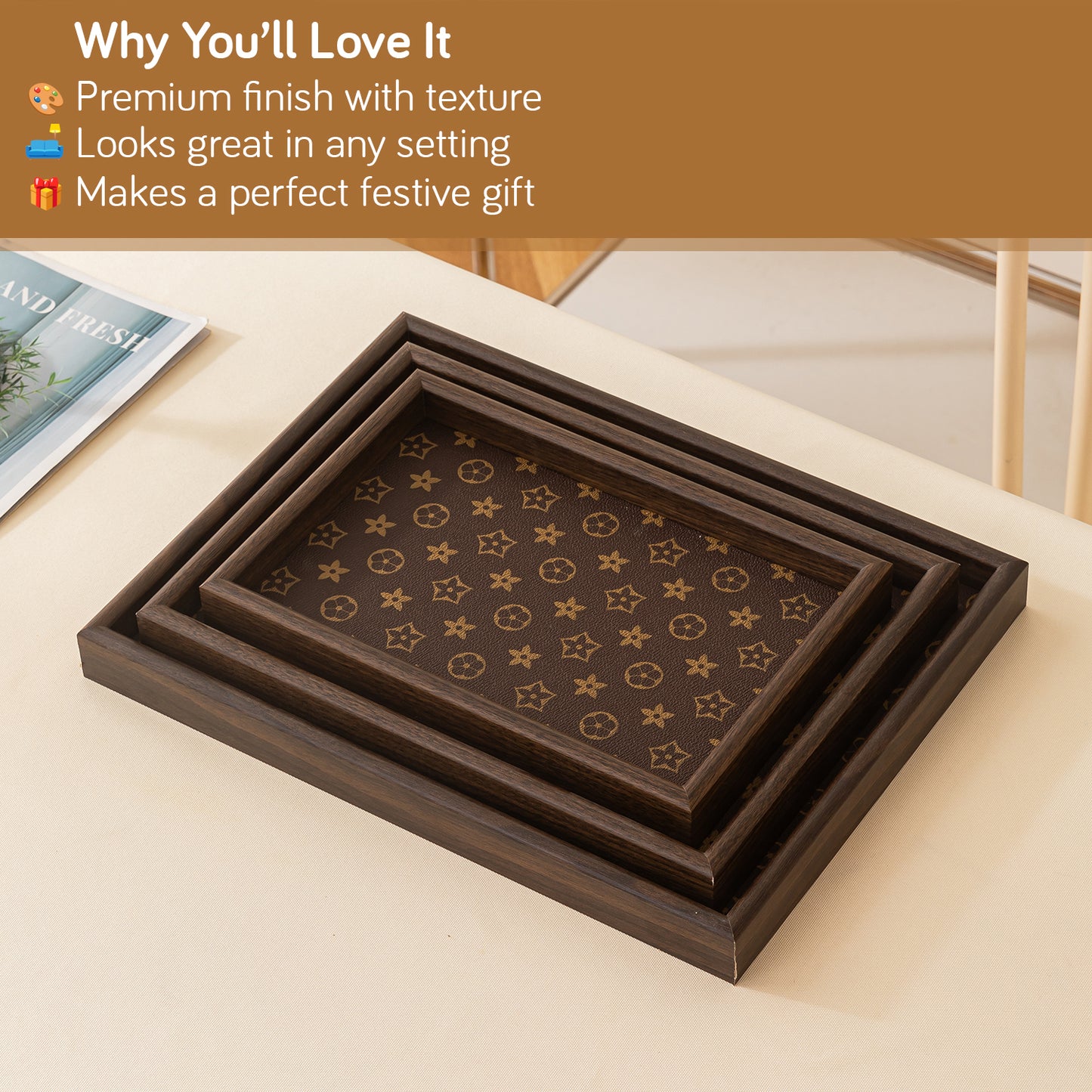 Wooden Serving Tray MDF Rectangular Eco-Friendly Trays Set of 3, Elegant Brown Finish