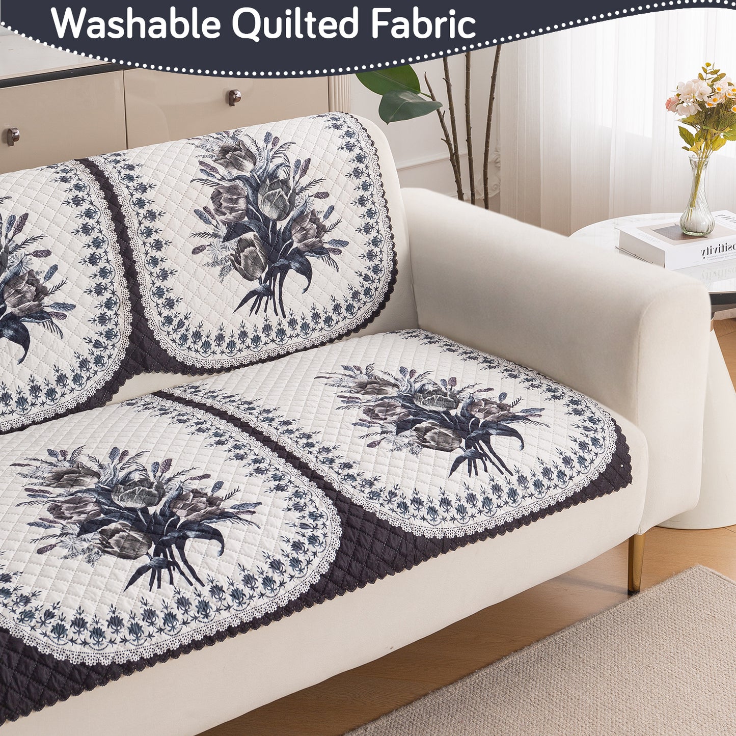 LoomVerse Quilted Sofa Cover Set Washable Sofa Panel for Seat & Back - Midnight Bloom