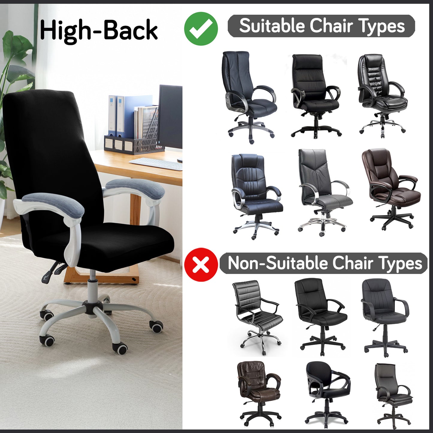 Office Chair Cover for Executive Chair (High-Back) – 140 GSM Stretchable Fabric – Washable & Anti-Slip – Fits Big & Tall Office Chairs, Black