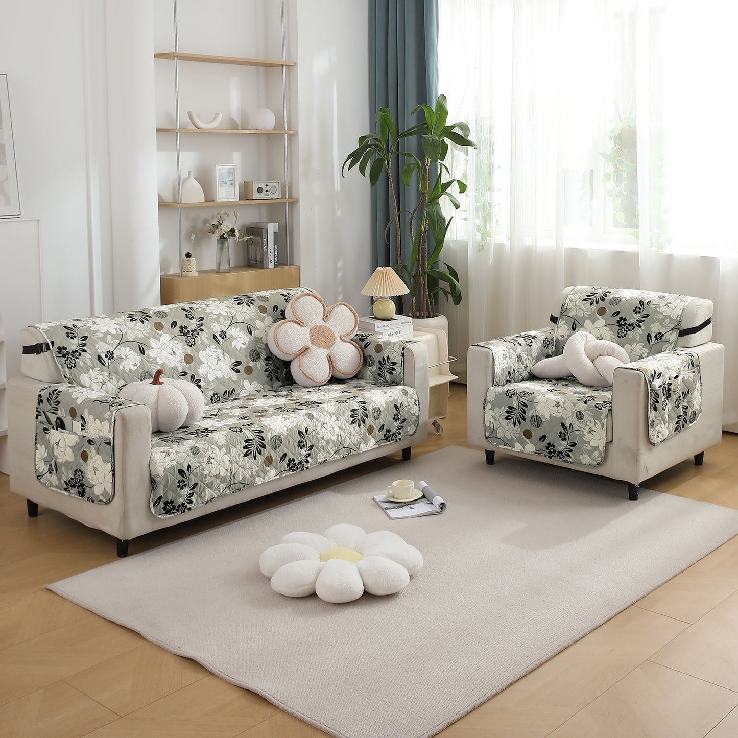 Waterproof & Quick-Dry Quilted Seater Sofa Cover with Pockets on Armrest, Feather Brown Floral