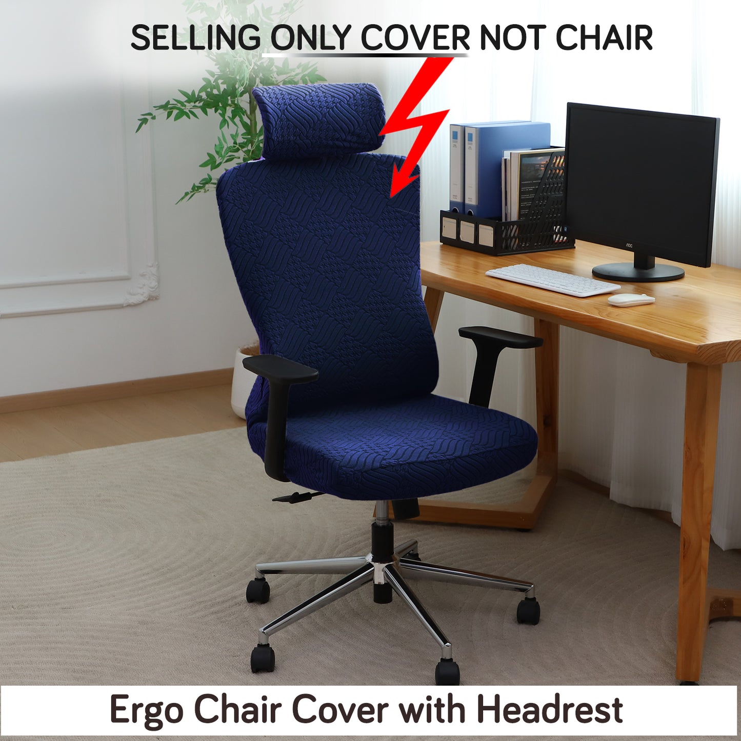 Office Chair Cover with Headrest (High-Back) – 170 GSM Stretch Jacquard – Washable, Anti-Slip Fit for Ergonomic Mesh Office Chairs, Navy Blue
