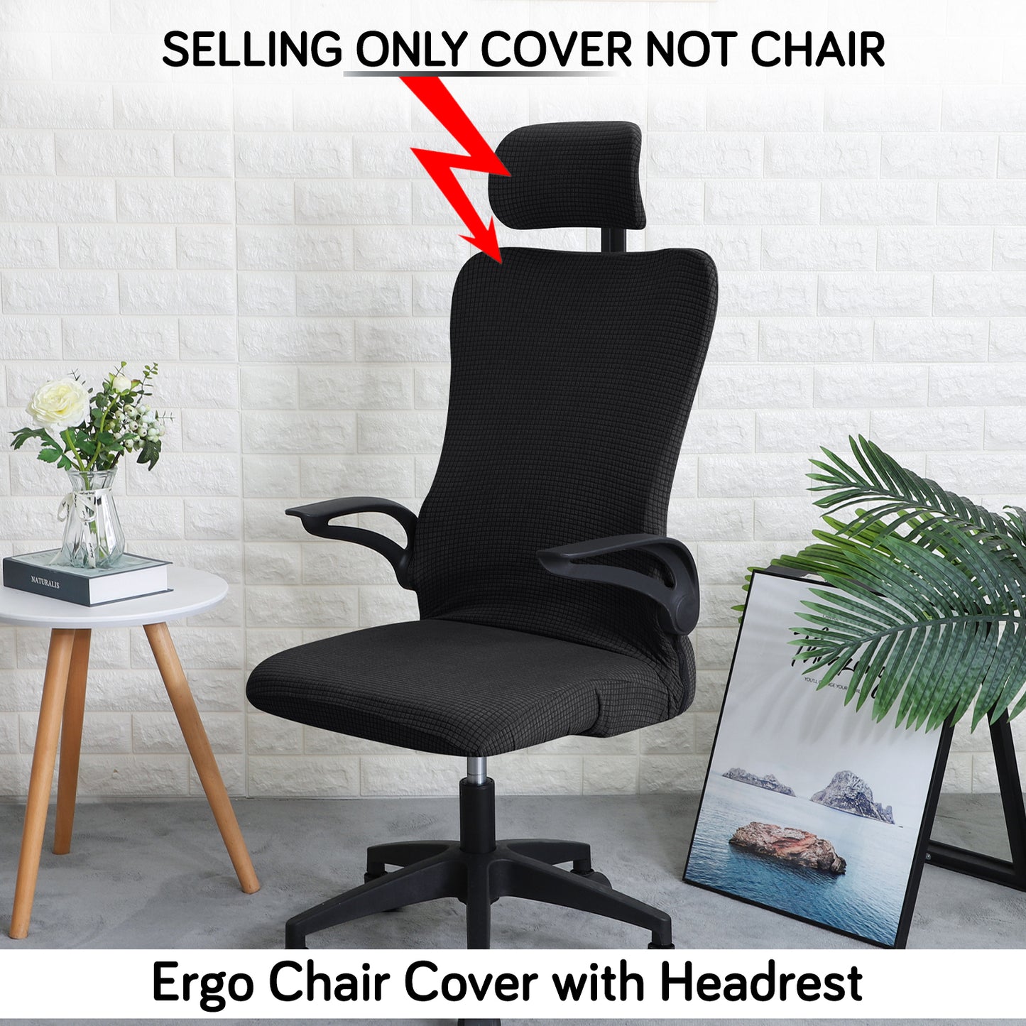 Water Repellent Office Chair Cover with Headrest (High-Back) – 210 GSM Stretch Jacquard – Washable, Anti-Slip Fit for Ergonomic Mesh Office Chairs, Black