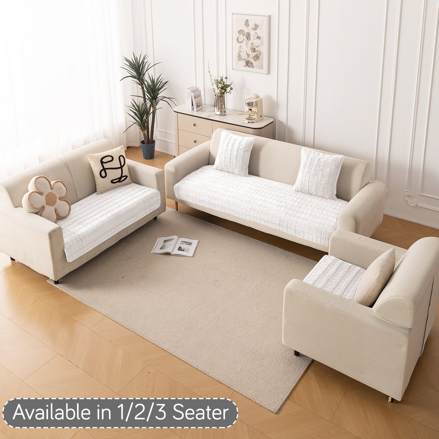 Premium Plush Sofa Cover Mat with 2 Armrest Cover, White