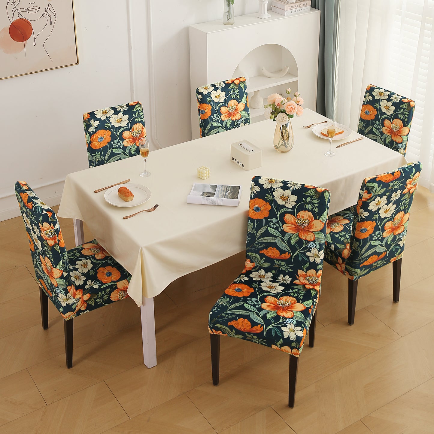 Premium Printed Velvet Dining Chair Cover Set, Teal Twilight Garden