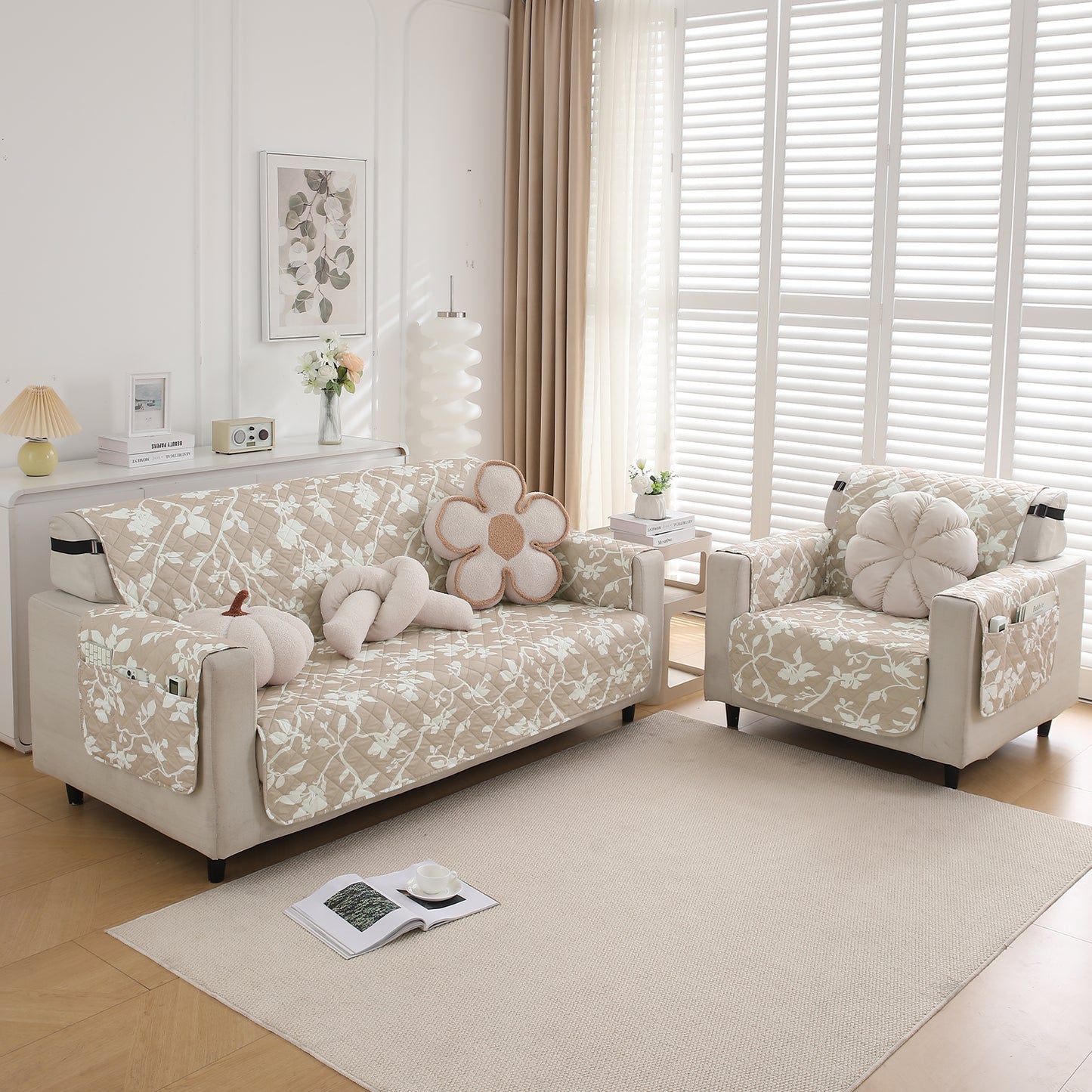 Waterproof & Quick-Dry Quilted Sofa Cover with Pockets on Armrest, Buff Brown Sillehoute Floral