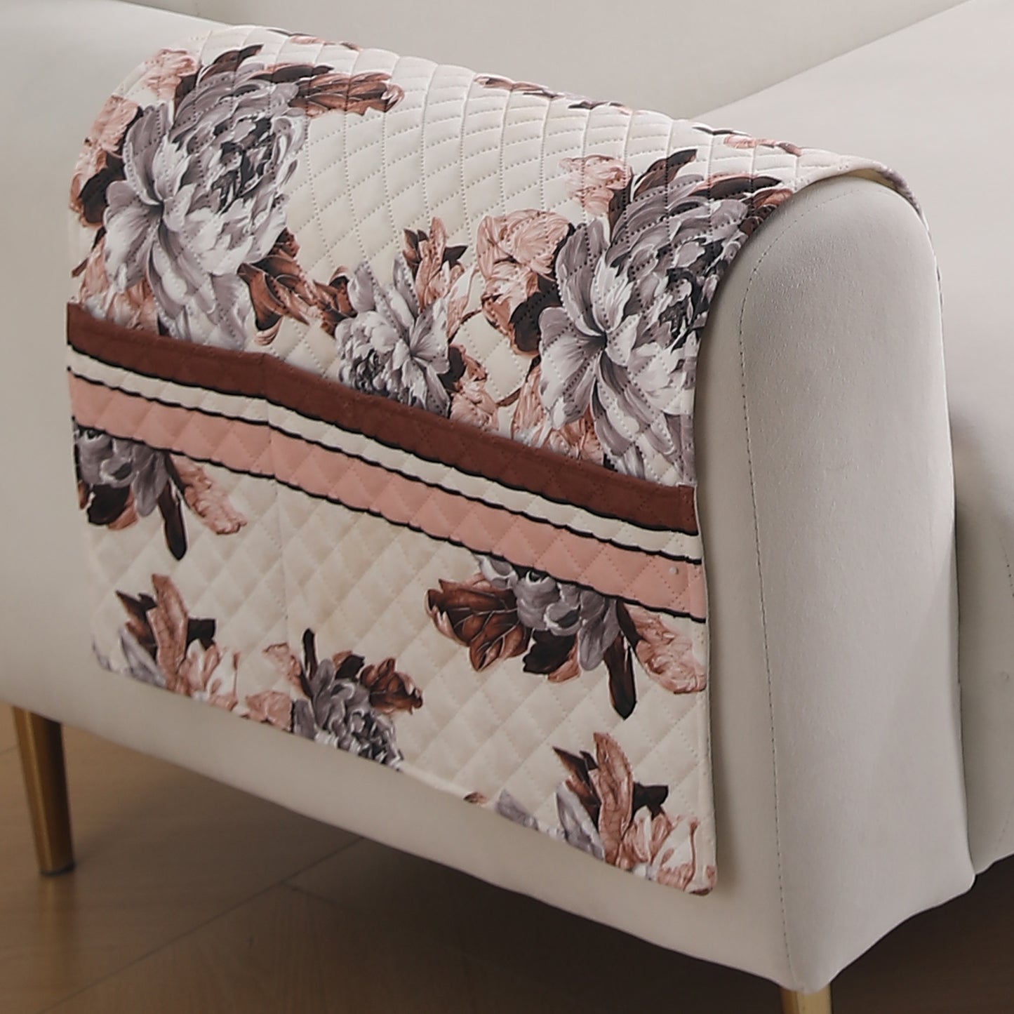 LiefNest Holland Velvet Sofa Cover Mat with Foam Filling - Chrysanthemum Bloom Soft Beige