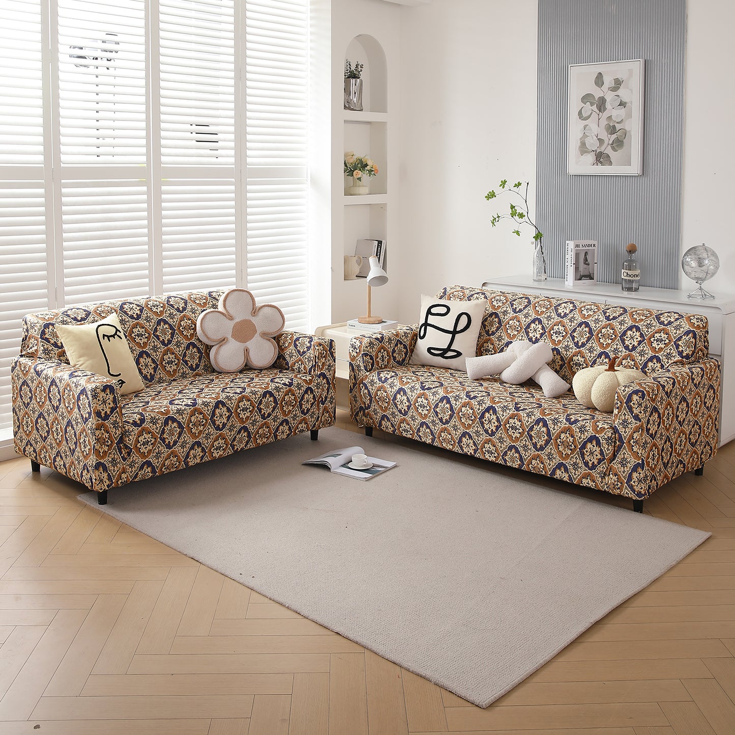 Premium Printed Velvet Sofa Cover 1/2/3 Seaters Fully Covered, Indigo Moroccan Charm