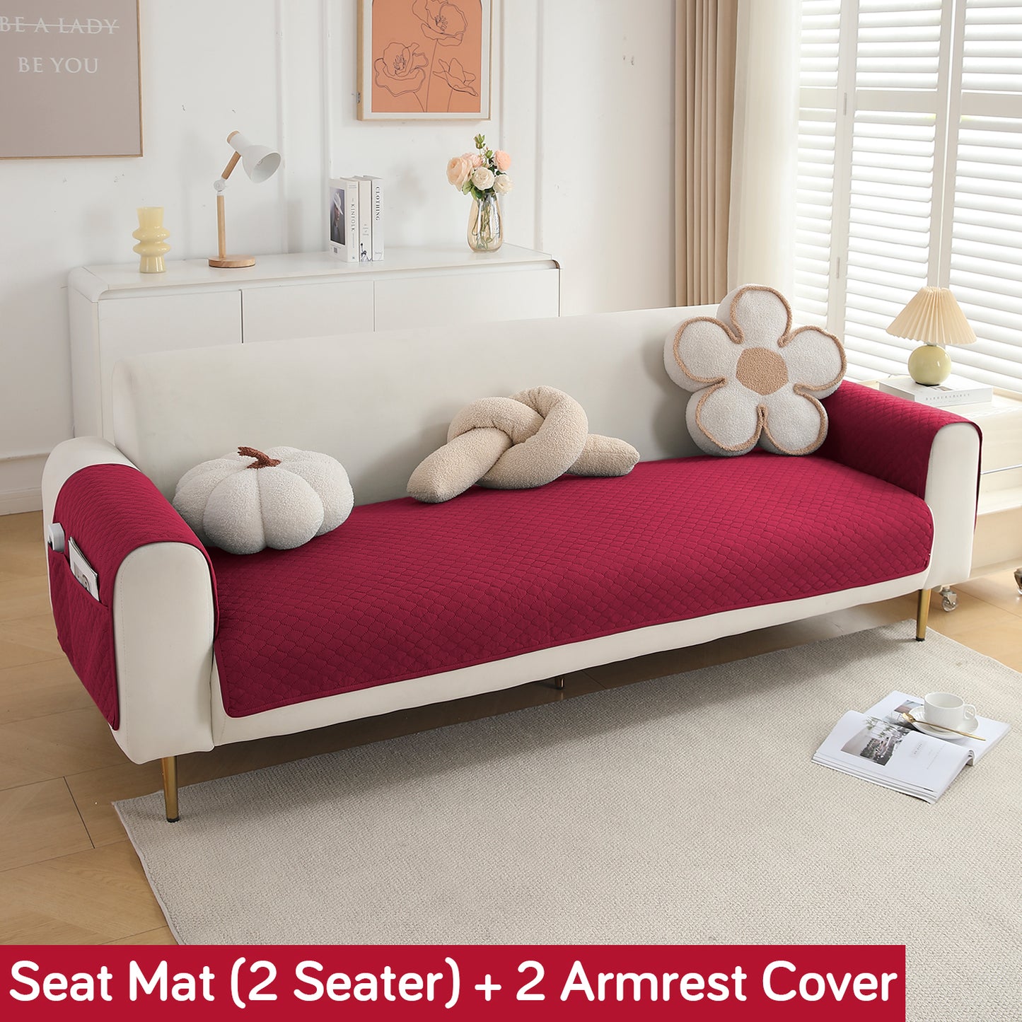 Quilted Sofa Cover Mat with 2 Armrest Covers Pockets, Maroon