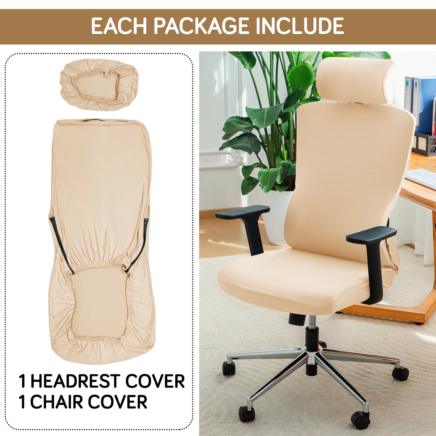 Office Chair Cover with Headrest (High-Back) – 140 GSM Stretch Fabric – Washable, Anti-Slip Fit for Ergonomic Mesh Office Chairs, Beige