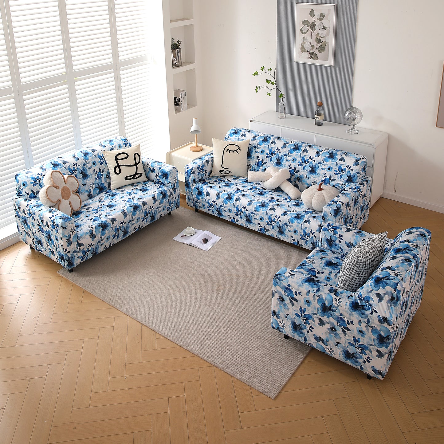 Premium Printed Velvet Sofa Cover 1/2/3 Seaters Fully Covered, Blue Azure Botanical