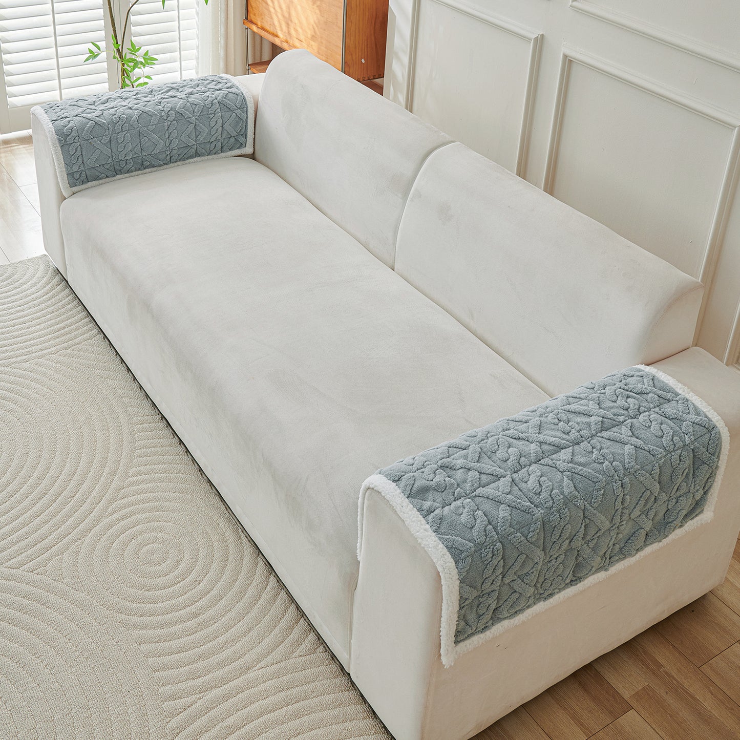 'Italian Caelora' Luxury Jacquard Plush Sofa Cover Mat and Anti-Slip Armrest Covers - Powder Blue