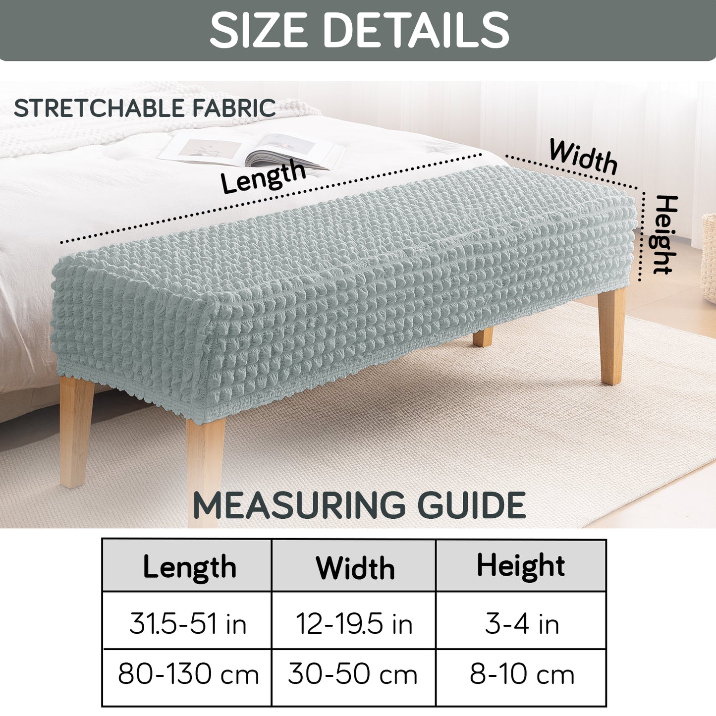 Aria Nova 280 GSM Stretchable Bubble Dining Bench Cover, Light Grey