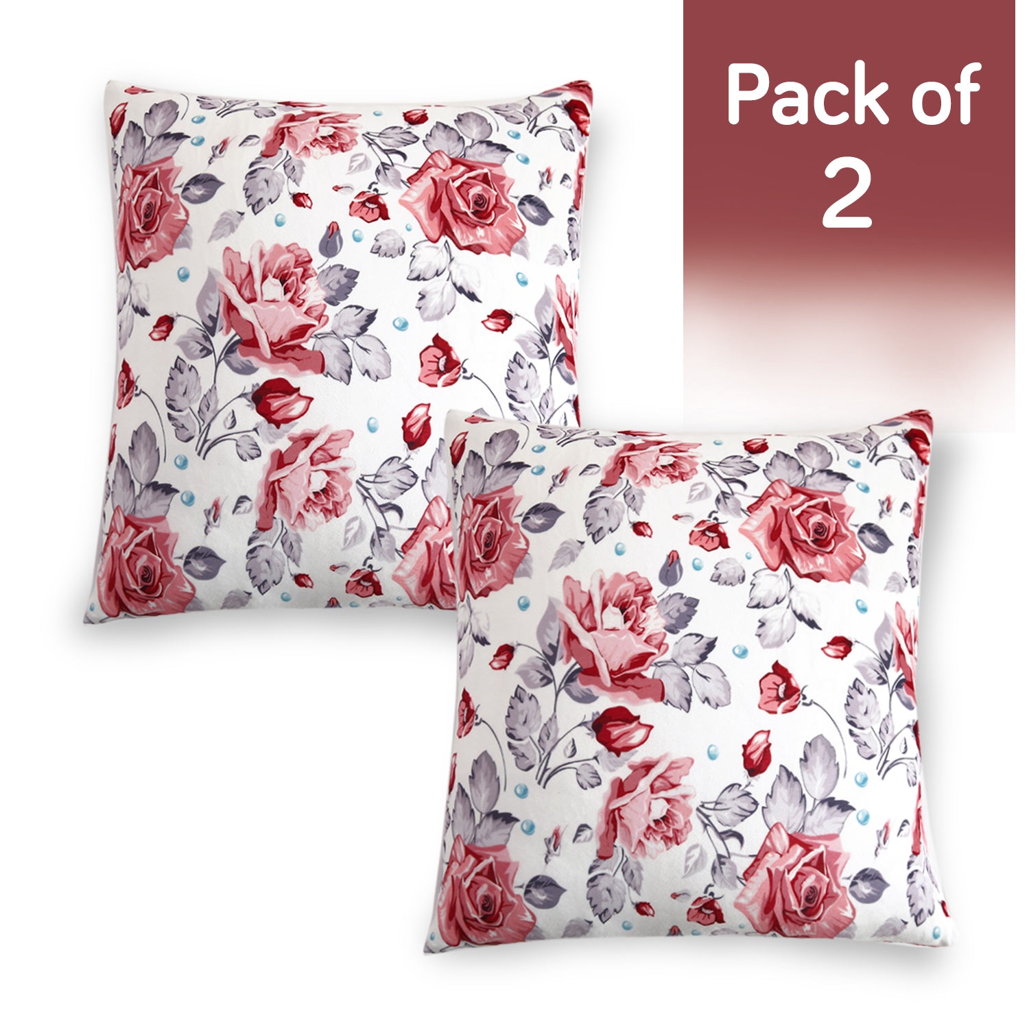 Buy Red Cottage Rose Printed Zippered Square Velvet cushion covers in set of 2
