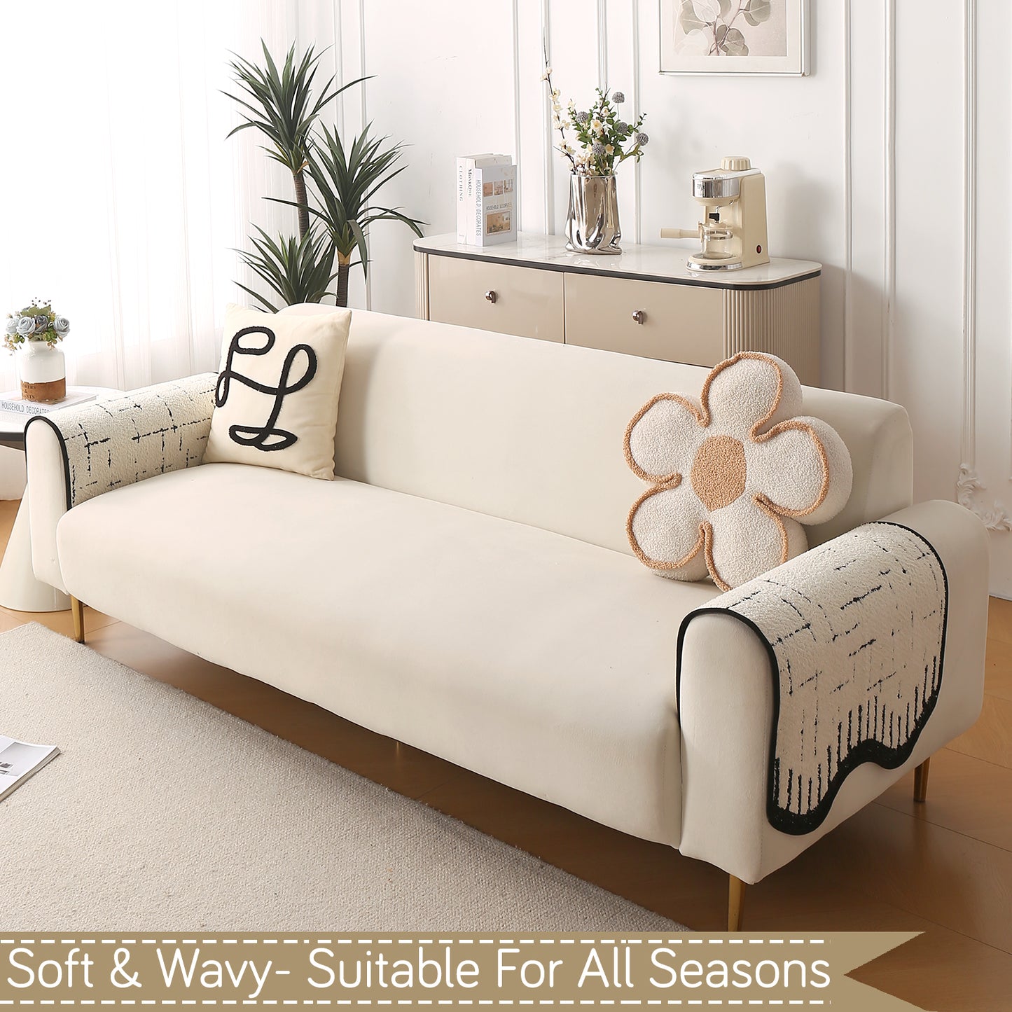 Premium Supple Soft Wavy with Curve Sofa Cover Mat, Off-White