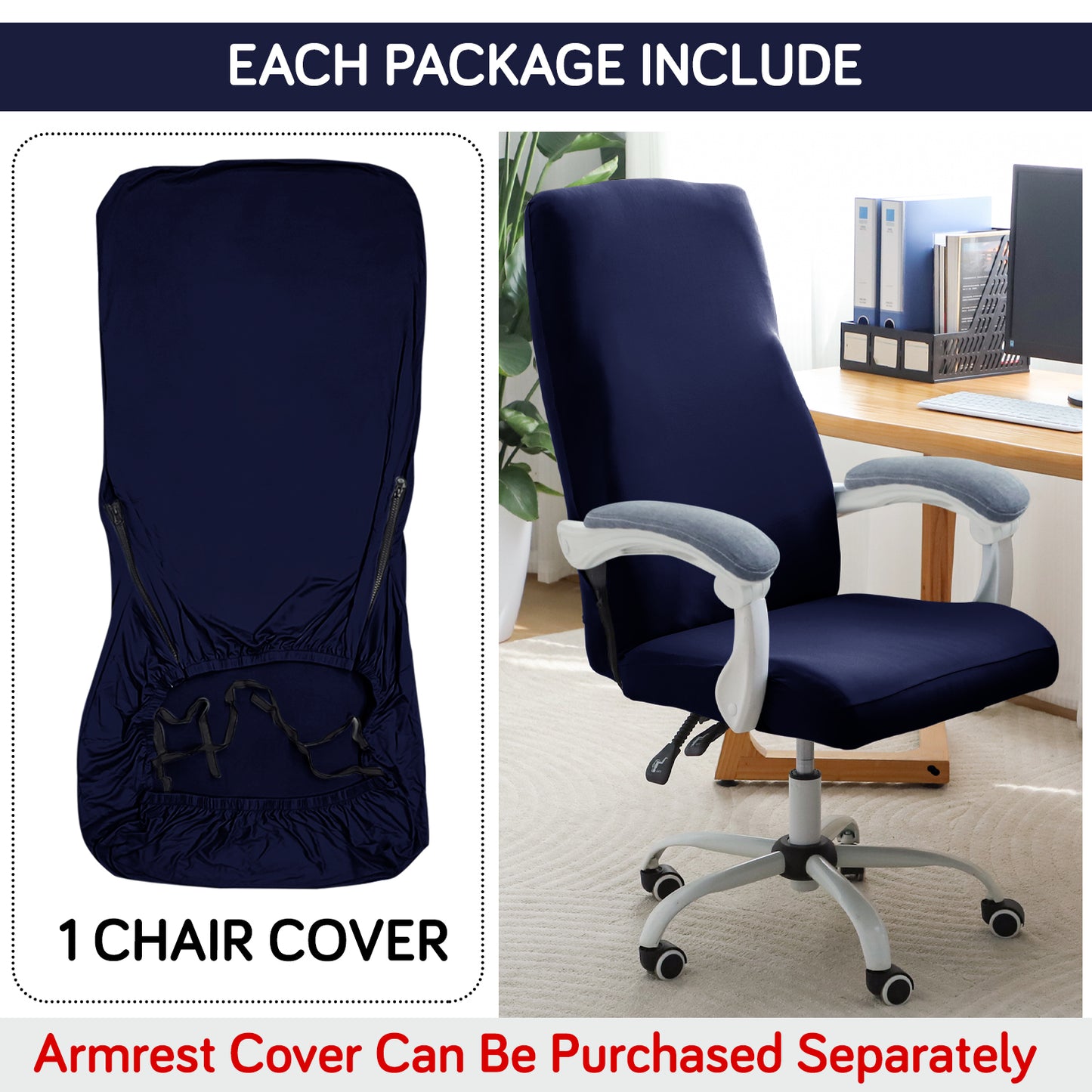 Office Chair Cover for Executive Chair (High-Back) – 140 GSM Stretchable Fabric – Washable & Anti-Slip – Fits Big & Tall Office Chairs, Navy Blue