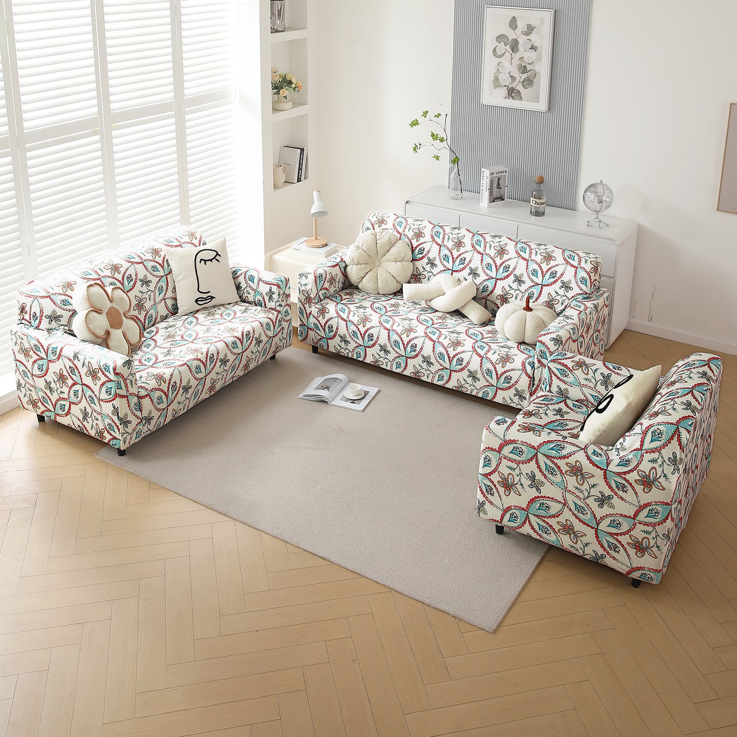 Premium Printed Velvet Sofa Cover 1/2/3 Seaters Fully Covered, Beige Persian Garden