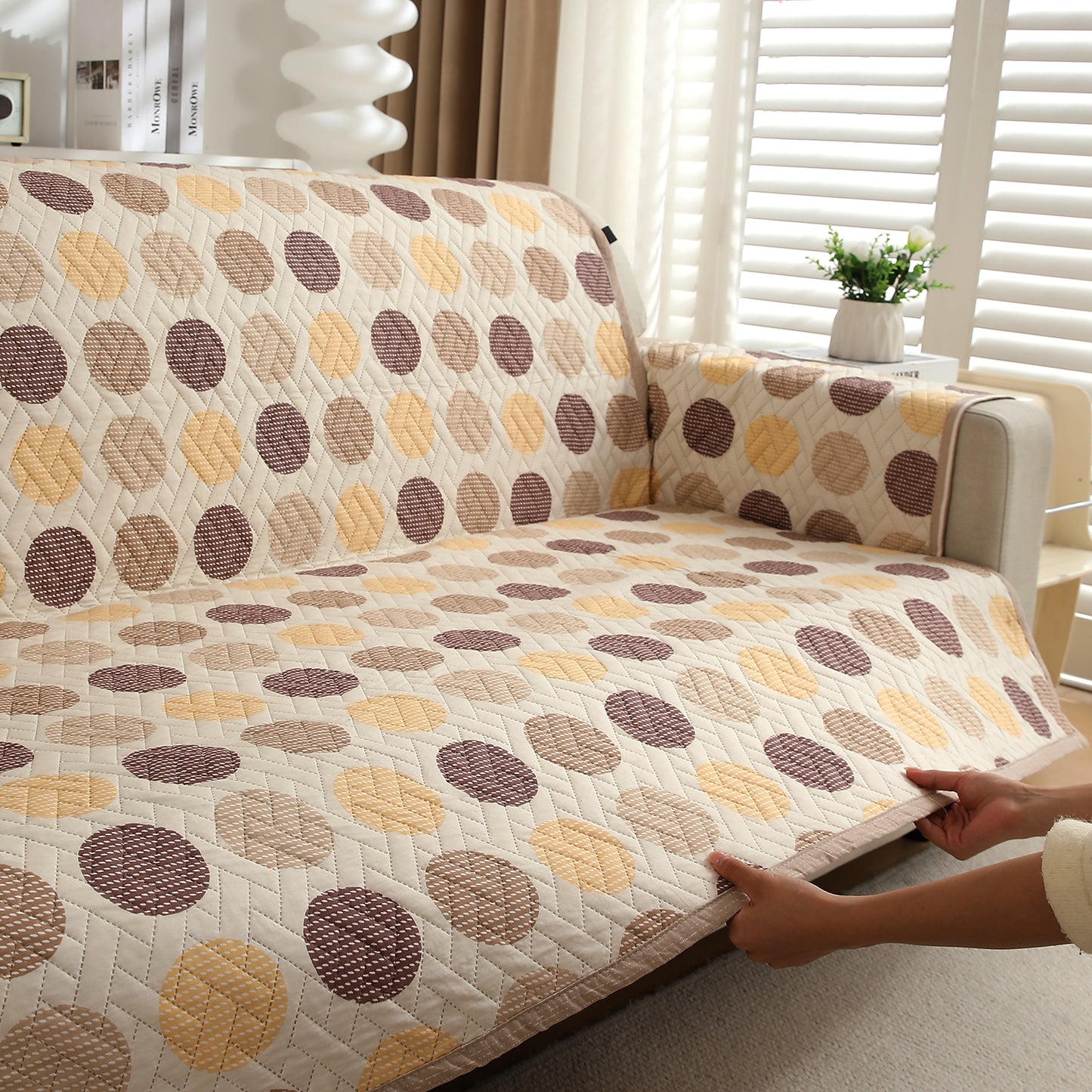 Brown Polka Dot Printed quilted sofa Cover