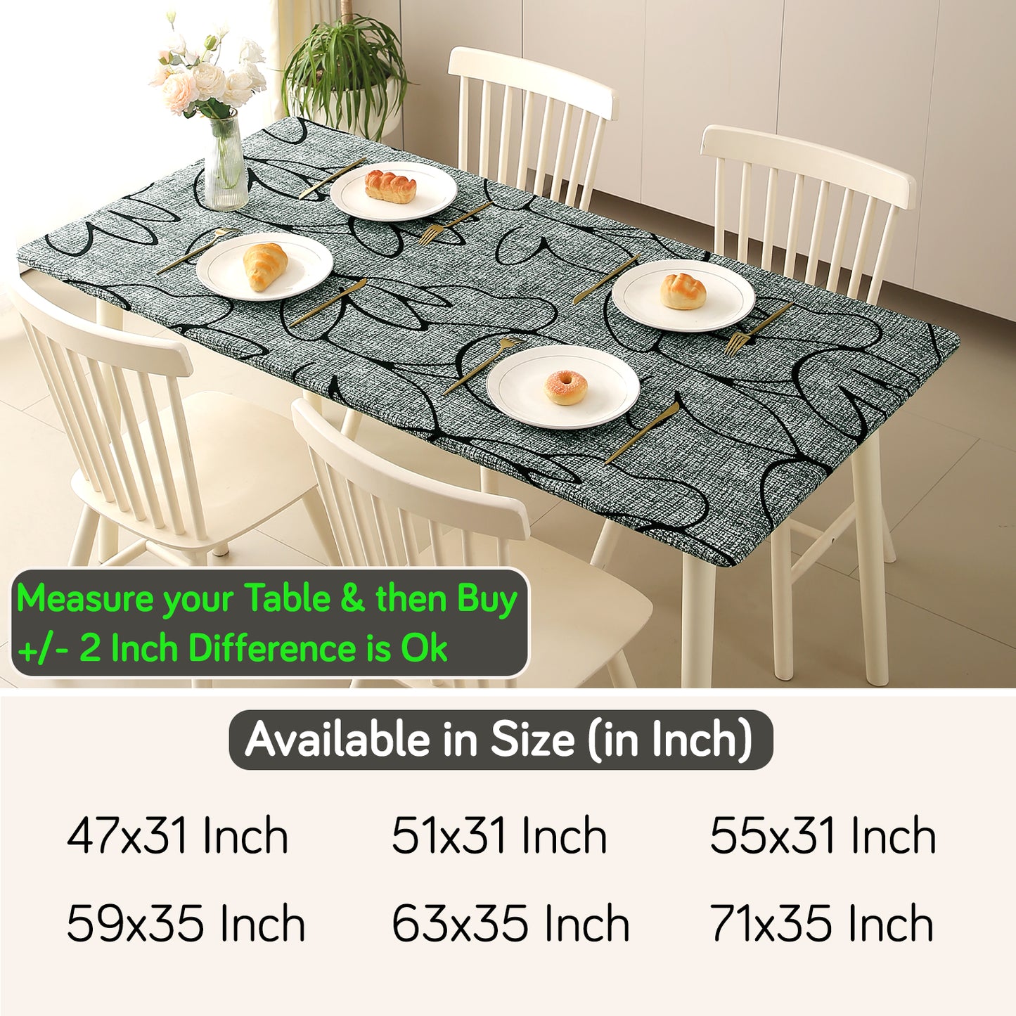 Printed Stretch Fit Water-Repellent & Anti-Slip Table Cloth Cover for 4 Seater / 6 Seater, Intense Grey Abstract Floral