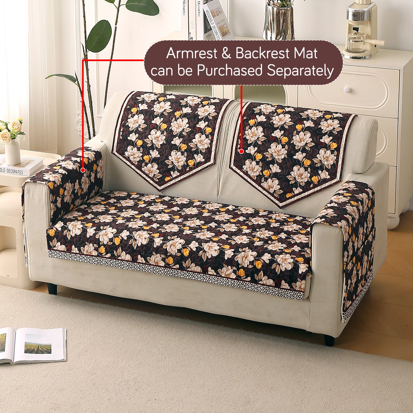 Florentina Series Printed Holland Velvet Sofa Mat - Camellia Brown