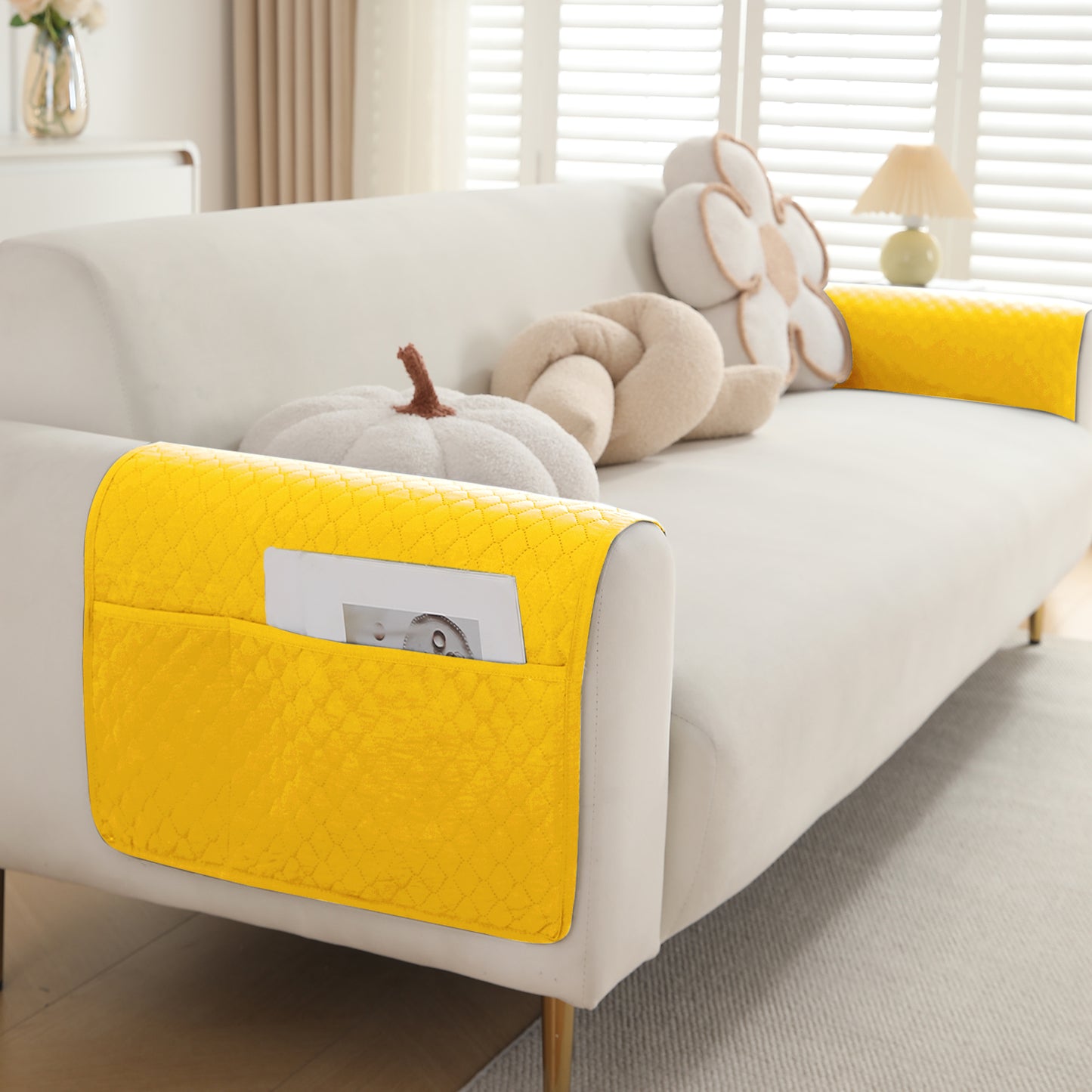 2 Pcs Quilted Sofa Armrest Cover, Yellow