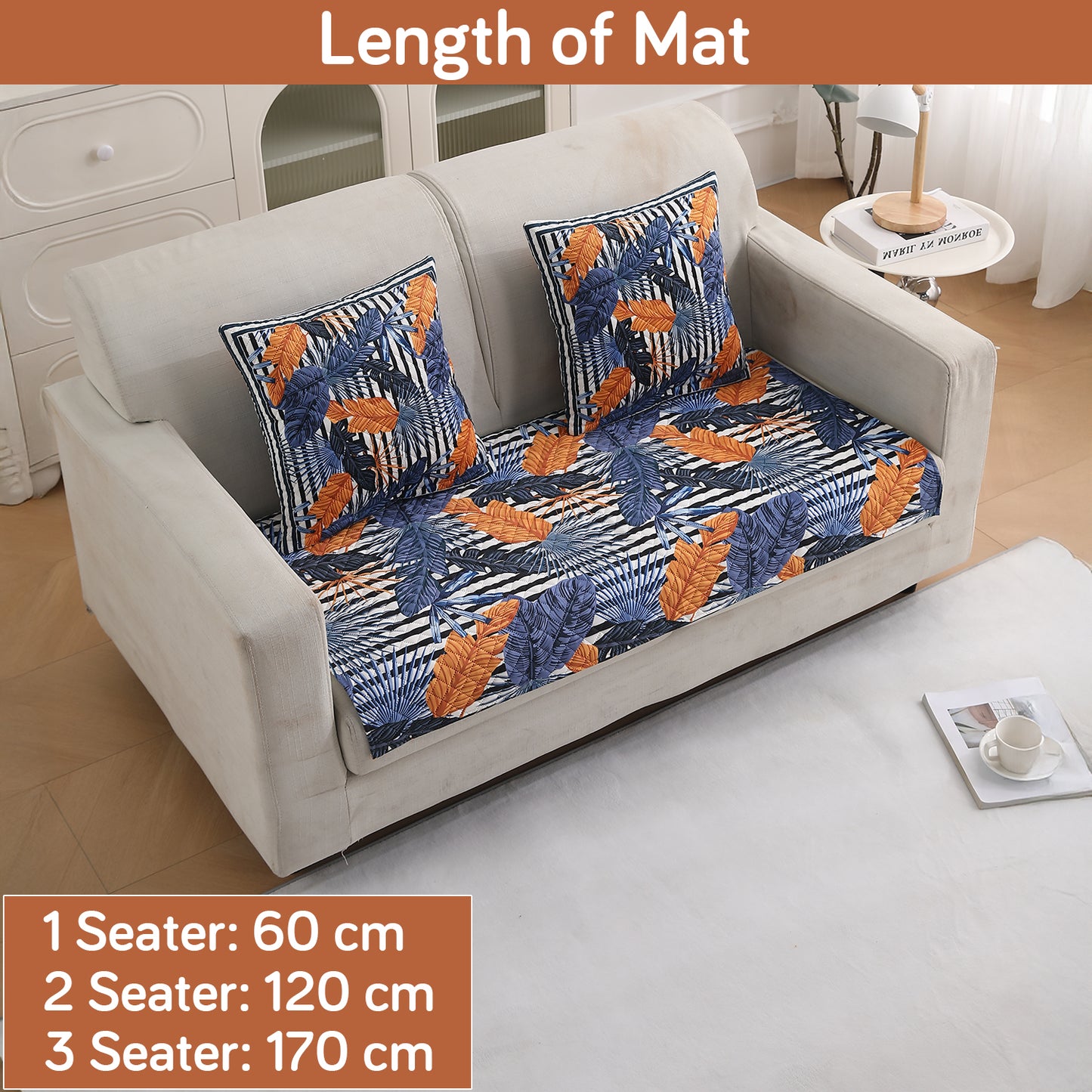 LiefNest Printed Holland Velvet Sofa Mat with Foam Filling - Tropical Leaves Dusk Blue for 1/2/3 Seater & Armrest