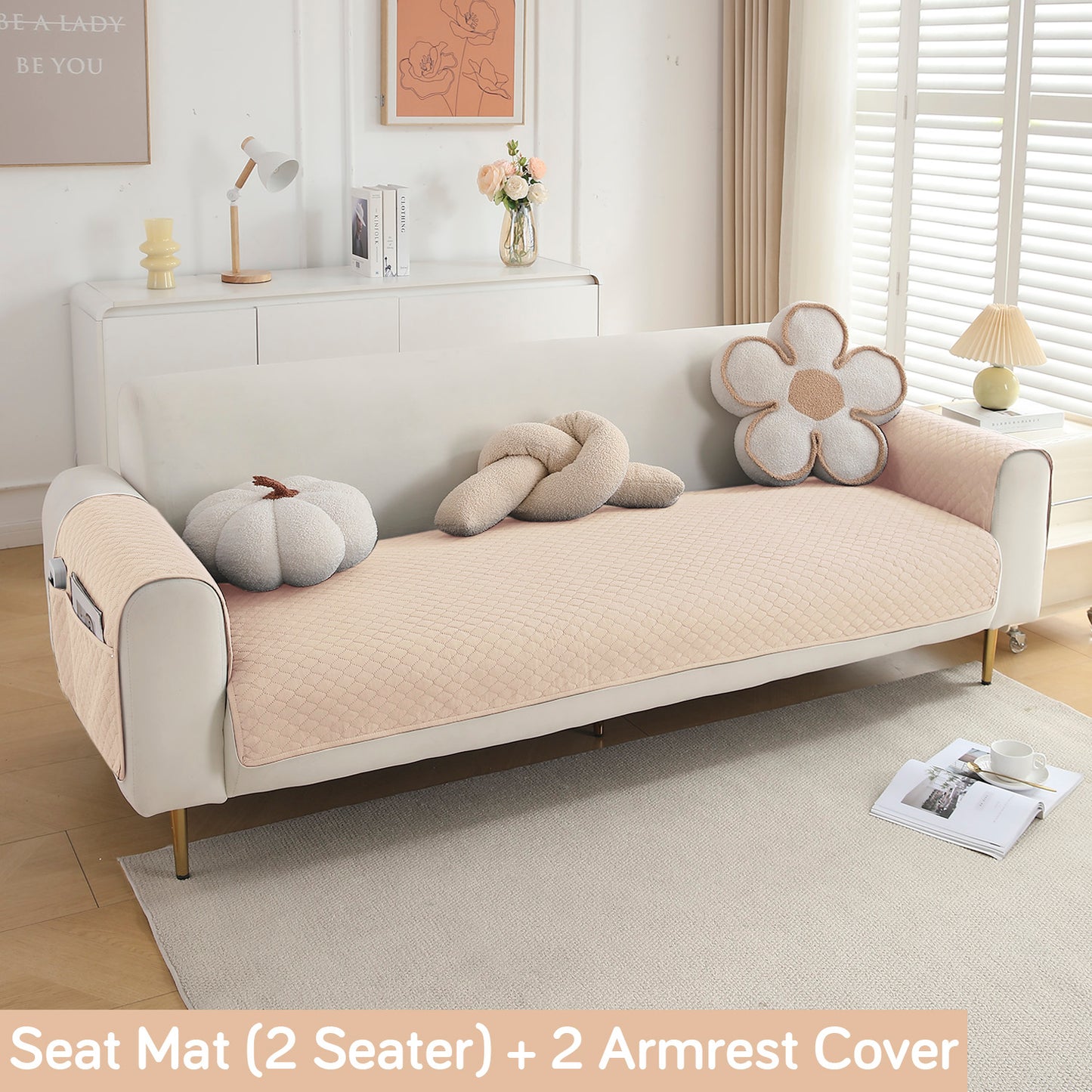 Quilted Sofa Cover Mat with 2 Armrest Covers Pockets, Beige