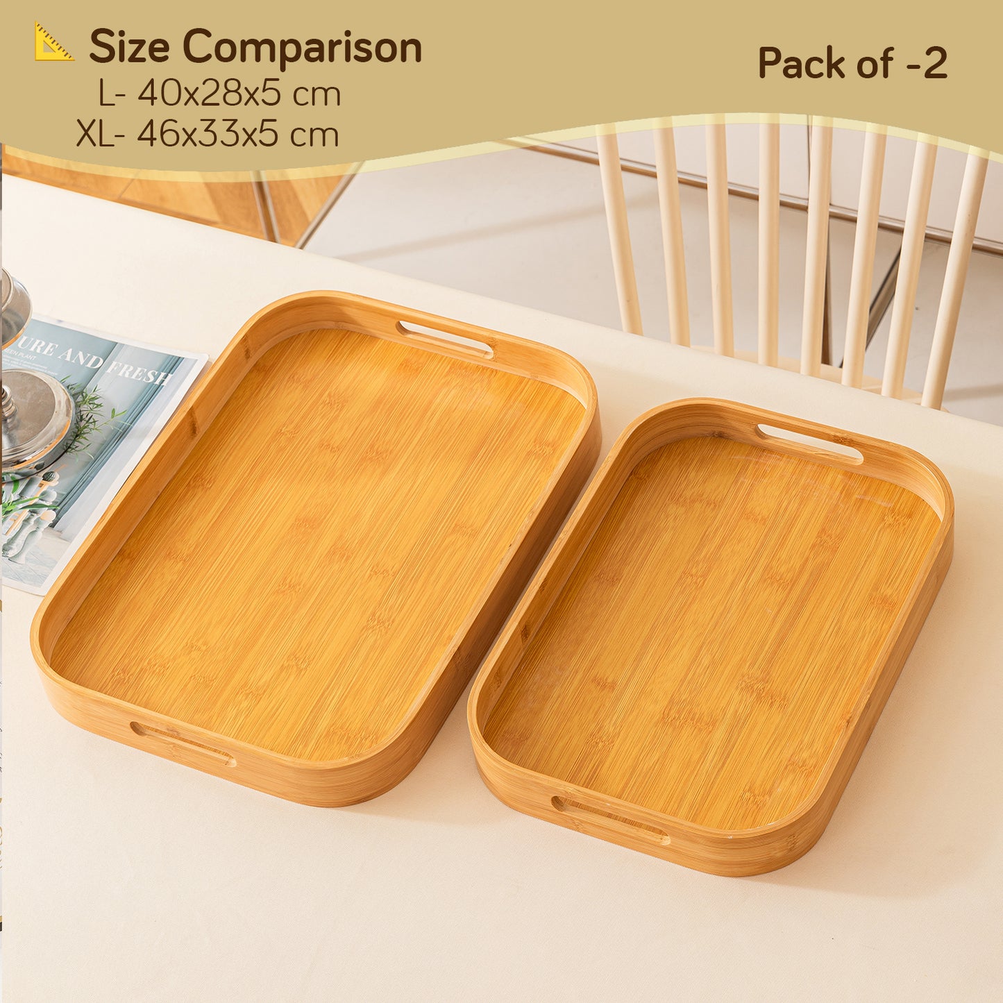 Natural Bamboo Serving Tray Set of 2/3 – Multipurpose Kitchen Tray with Handles