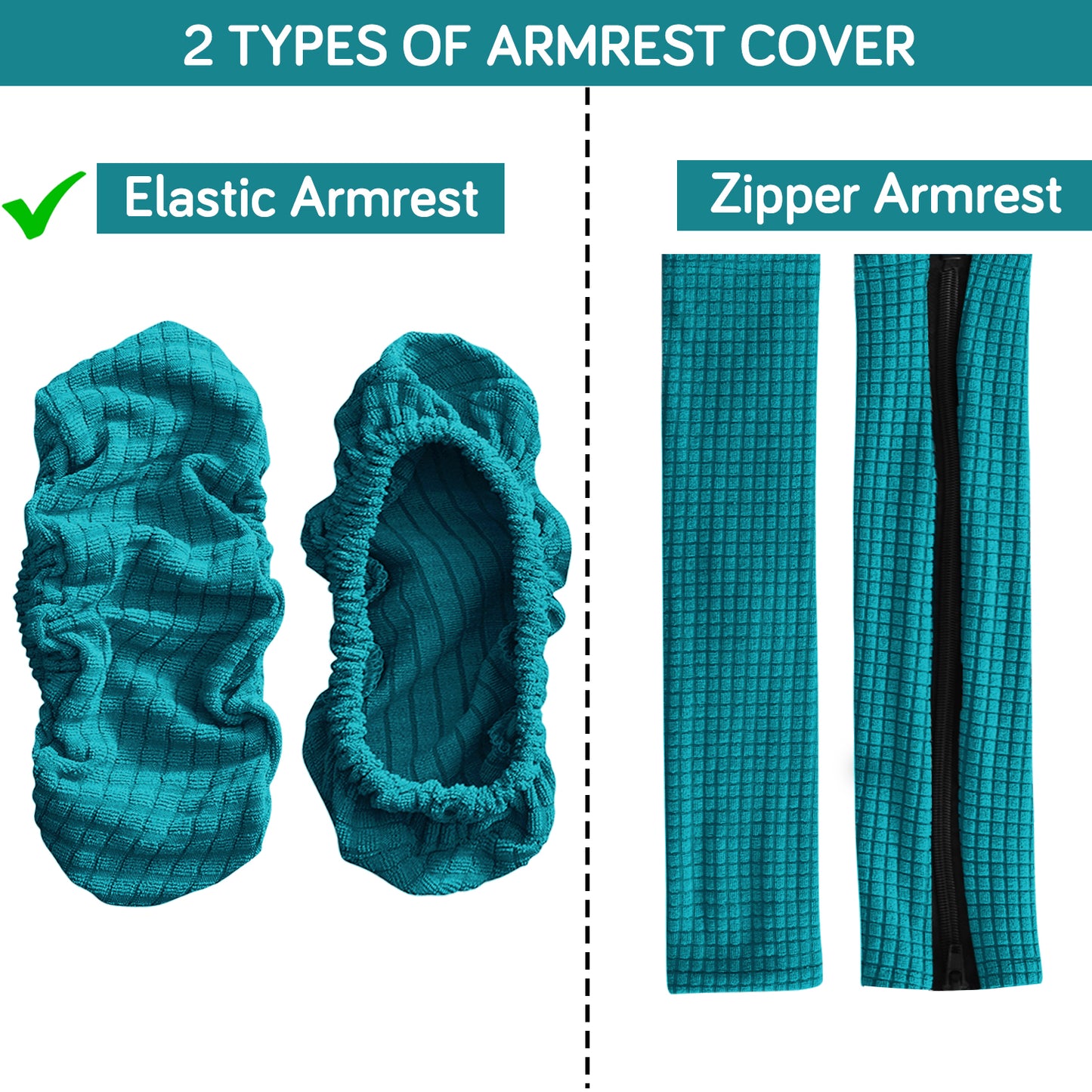 210gsm Jacquard Water Repellent Armrest Covers for Office Chair (Elastic Style), 1 Pair, Teal