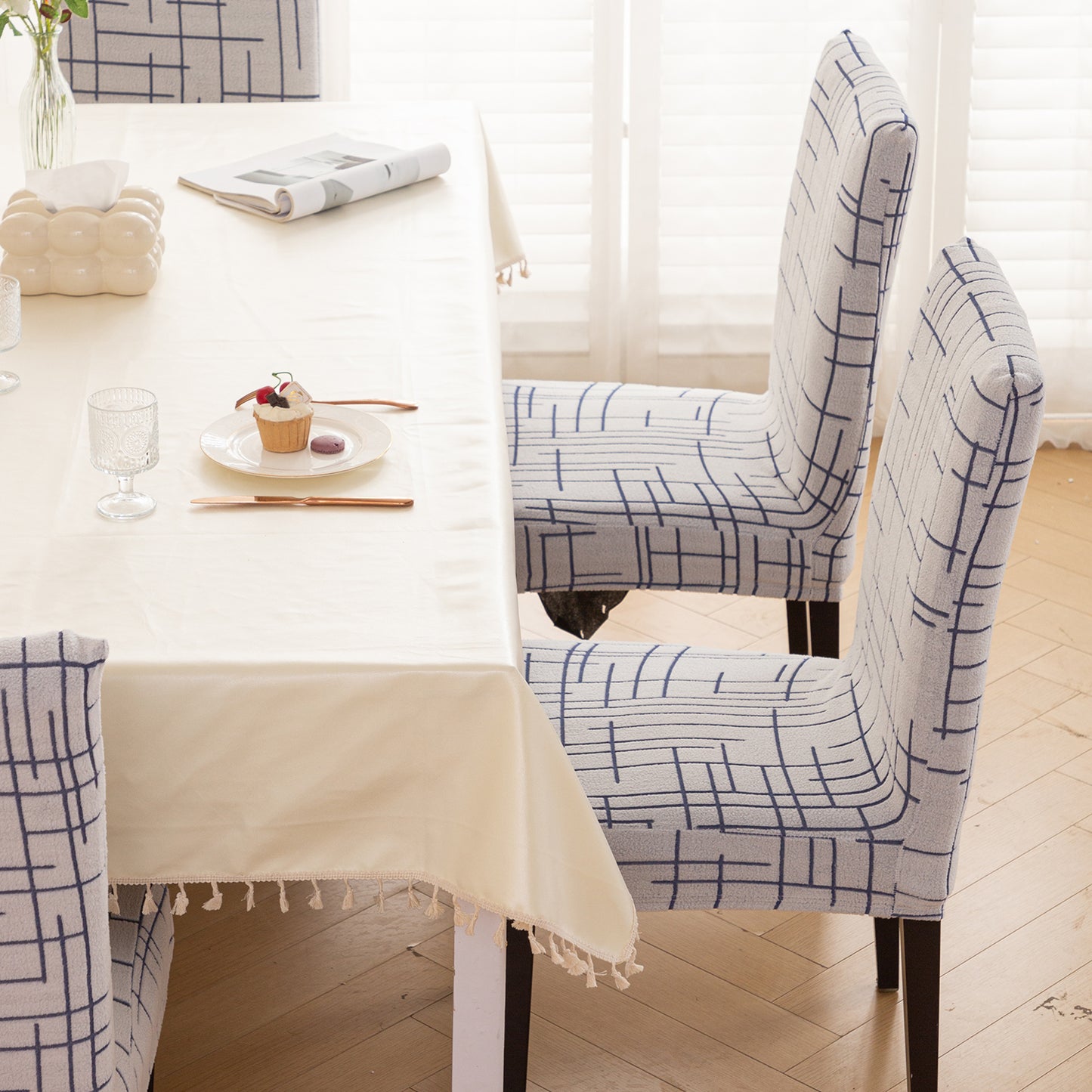 'Crossline Series' 180 GSM Jacquard Chair Cover Set 1/2/4/6, Navy Blue