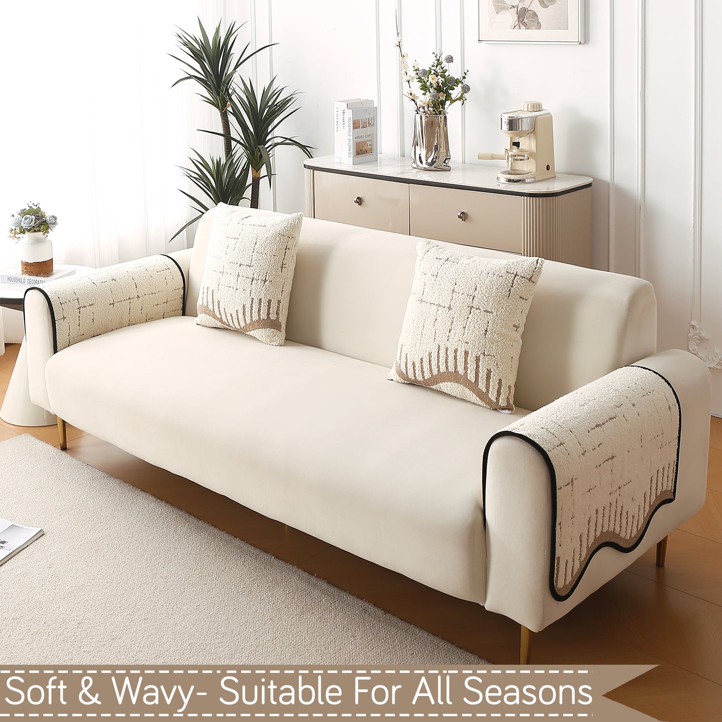 Premium Supple Soft Wavy with Curve Sofa Cover Mat, Cream Brown