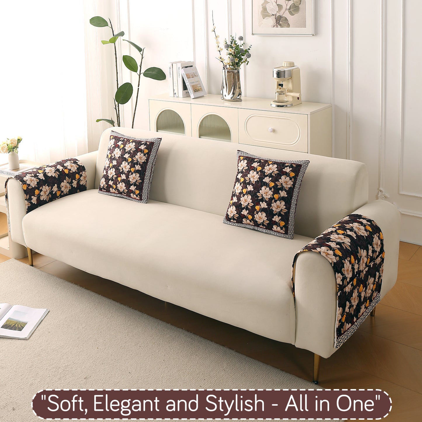 Florentina Series Printed Holland Velvet Sofa Mat - Camellia Brown