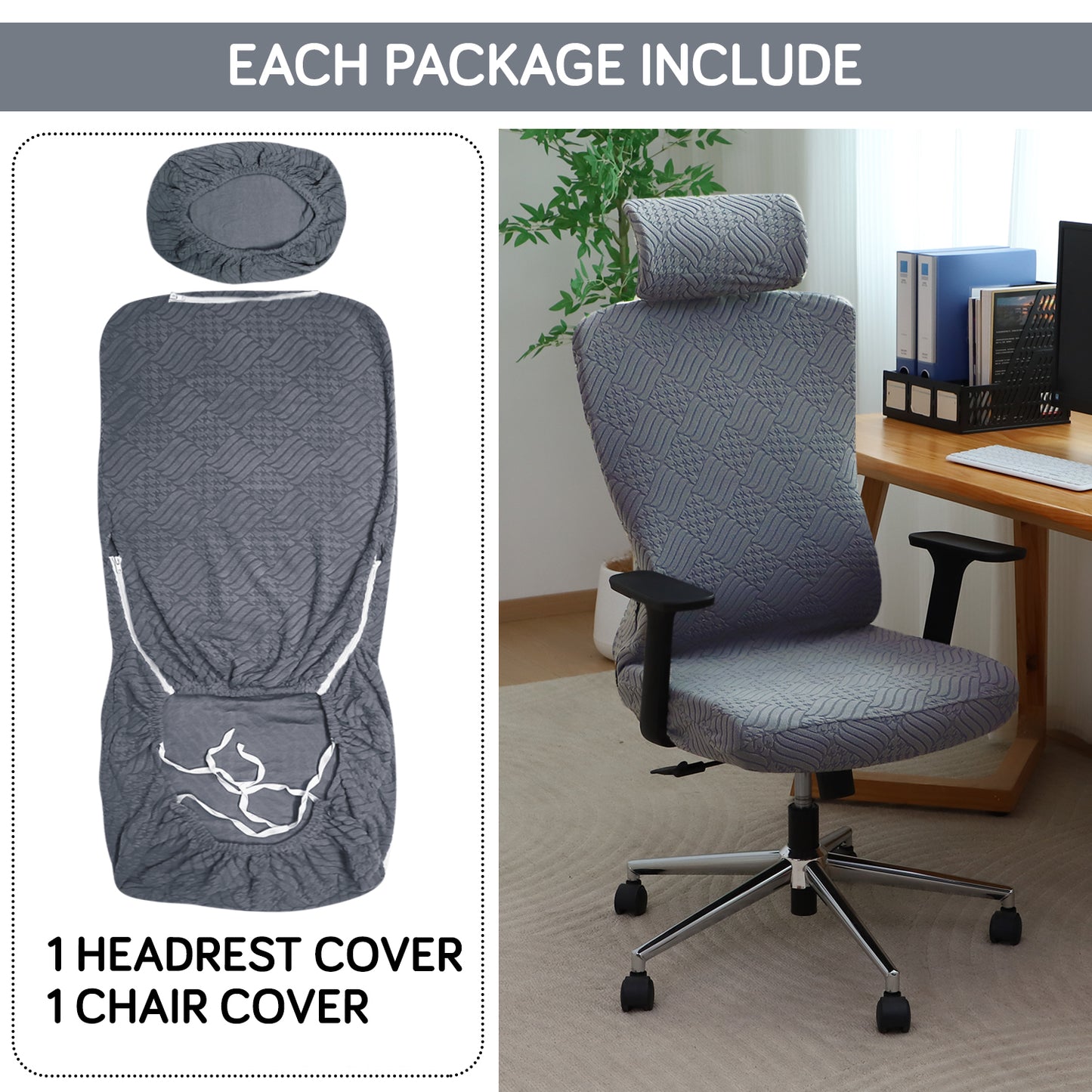 Office Chair Cover with Headrest (High-Back) – 170 GSM Stretch Jacquard – Washable, Anti-Slip Fit for Ergonomic Mesh Office Chairs, Dark Grey