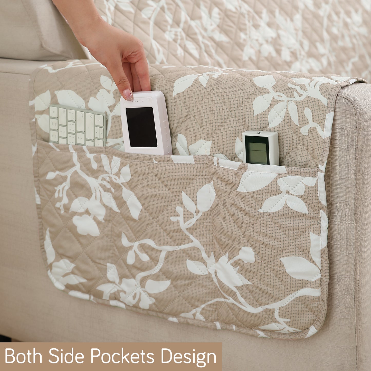 Waterproof & Quick-Dry Quilted Sofa Cover with Pockets on Armrest, Buff Brown Sillehoute Floral