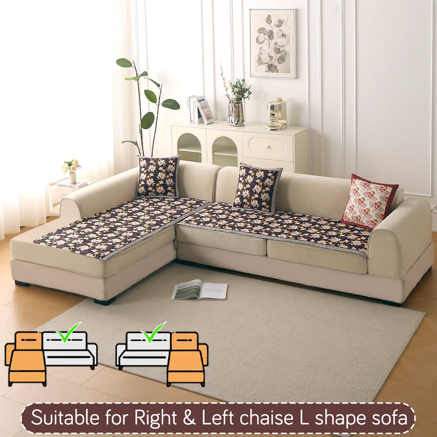 Florentina Series Quilted Holland Velvet L Shape Sofa Seat Mat - Camellia Brown