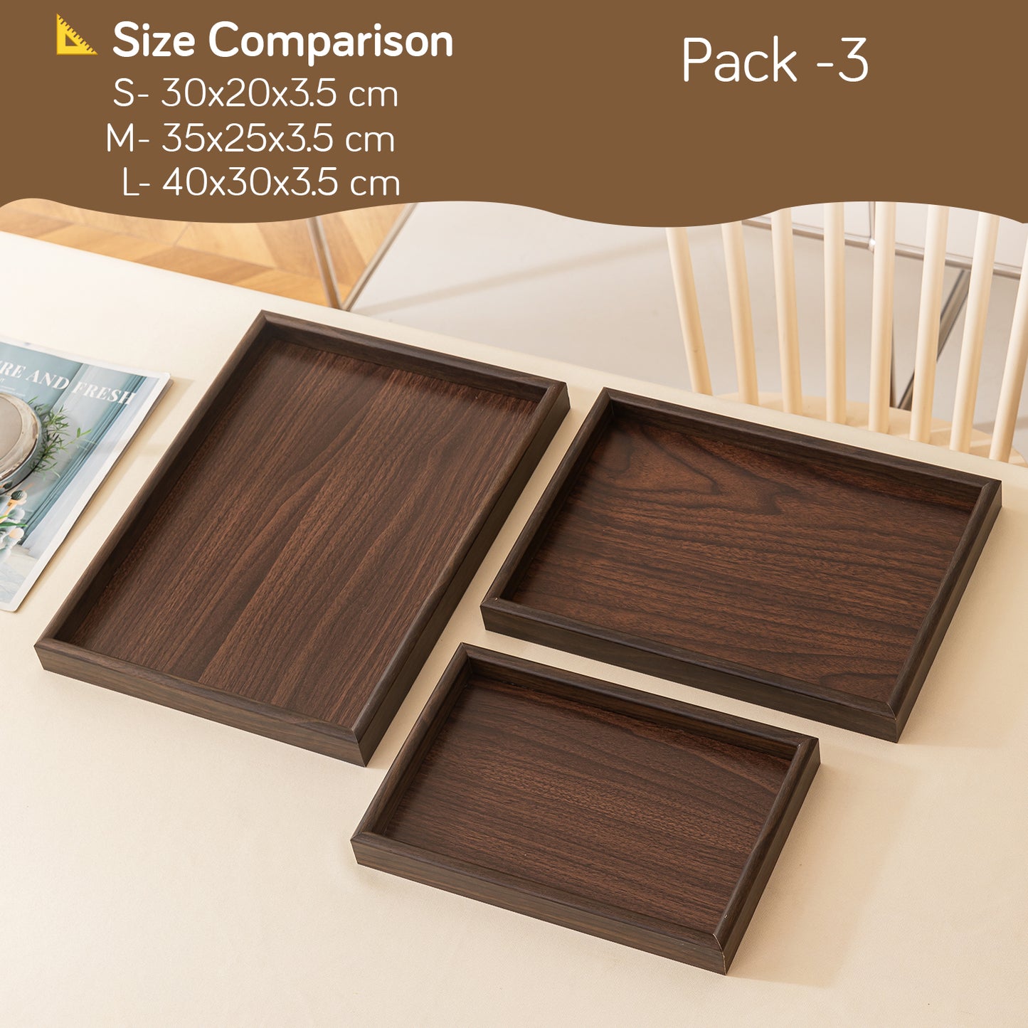 Wooden Serving Tray MDF Rectangular Eco-Friendly Trays Set of 3, Dark Walnut Finish