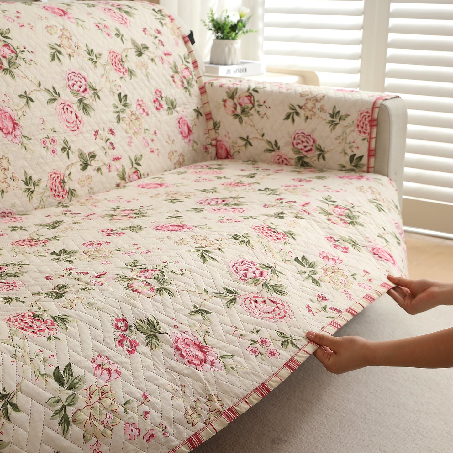 Beige Peonies Printed elegant quilted sofa covers