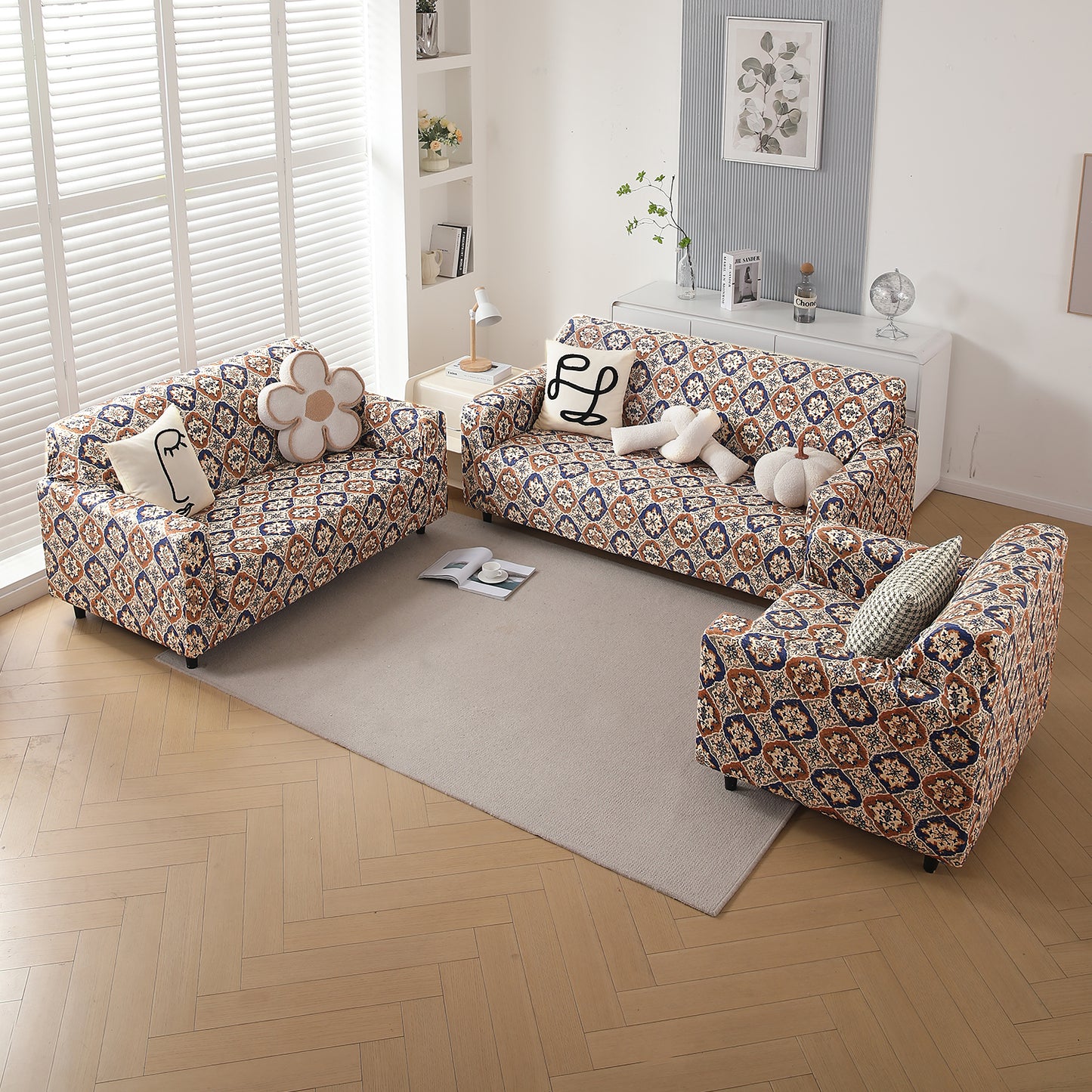 Premium Printed Velvet Sofa Cover 1/2/3 Seaters Fully Covered, Indigo Moroccan Charm
