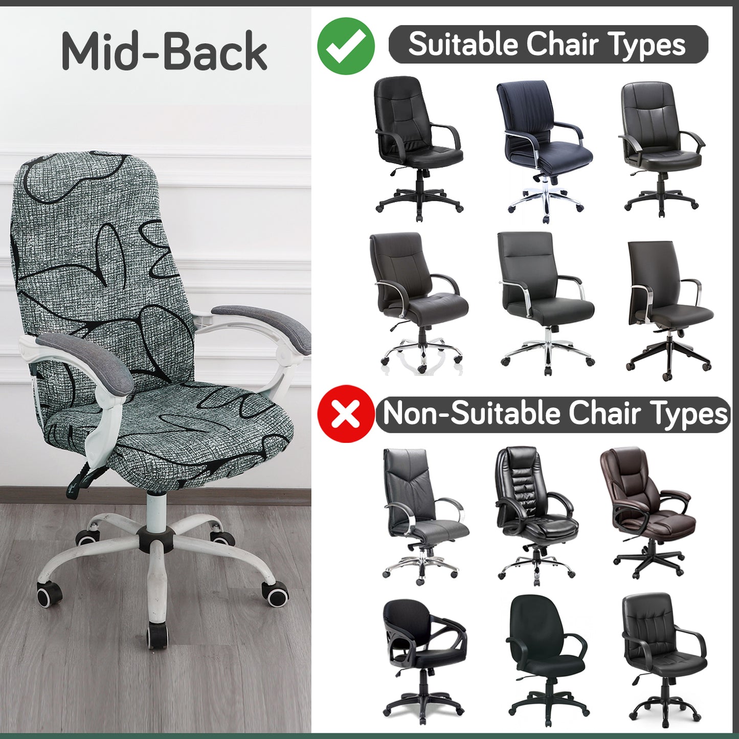Printed Office Chair Cover for Desk Chair (Mid-Back) – 140 GSM Stretch Fabric – Washable & Anti-Slip – Fits Mid-Back Office Chairs, Intense Grey Abstract Floral - Medium